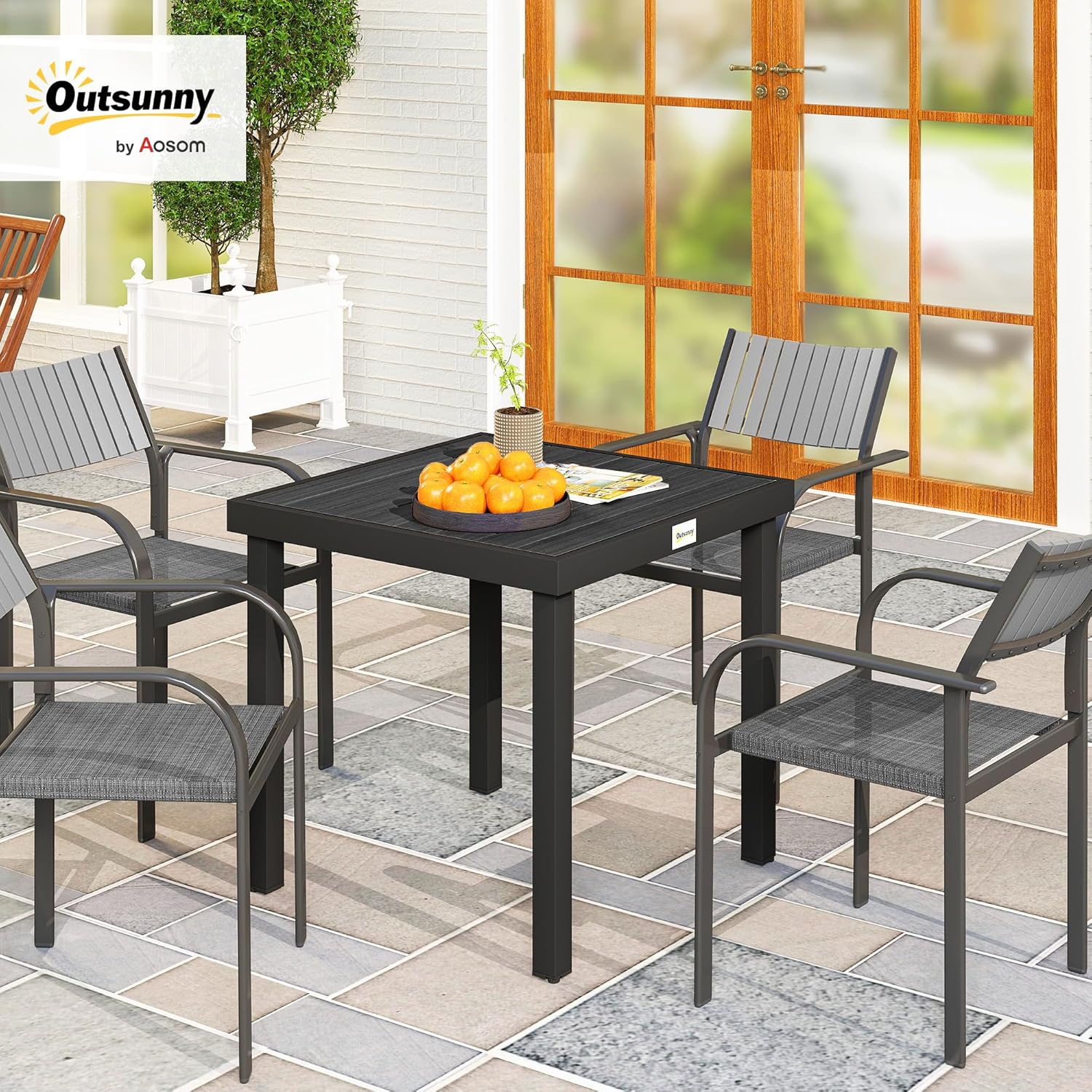 Outsunny Outdoor Dining Table for 4 Person, Square Patio Table, Aluminum Metal Legs for Garden, Lawn, Patio, Woodgrain Black
