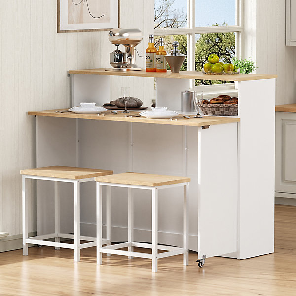 Îlot de Cuisine - Desserte de Cuisine Multifonction avec Table Pliante et 2 Chaises - Compartiments Ouverts - MDF   PB - Blanc