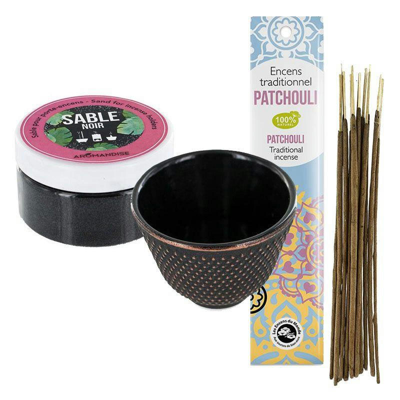 ZEN - Porte-encens coupelle en fonte noire + sable noir + encens indien