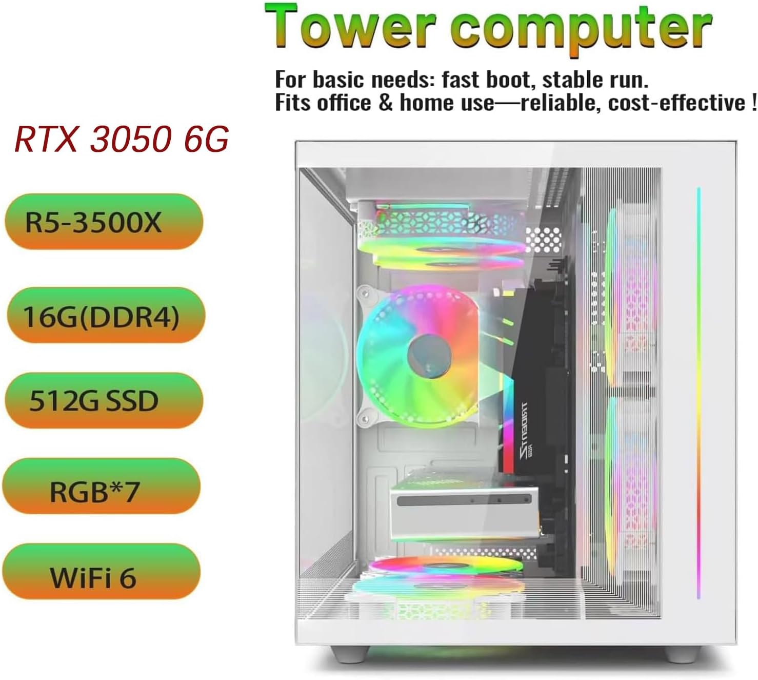 Prebuilt Gaming Desktop Computer | 16G Memory | 512G SSD | AMD Ryzen5 6Cores 3.6G Up to 4.1G | RX 560 4G Graphics Card | Wi-Fi 6 | Gamer PC White