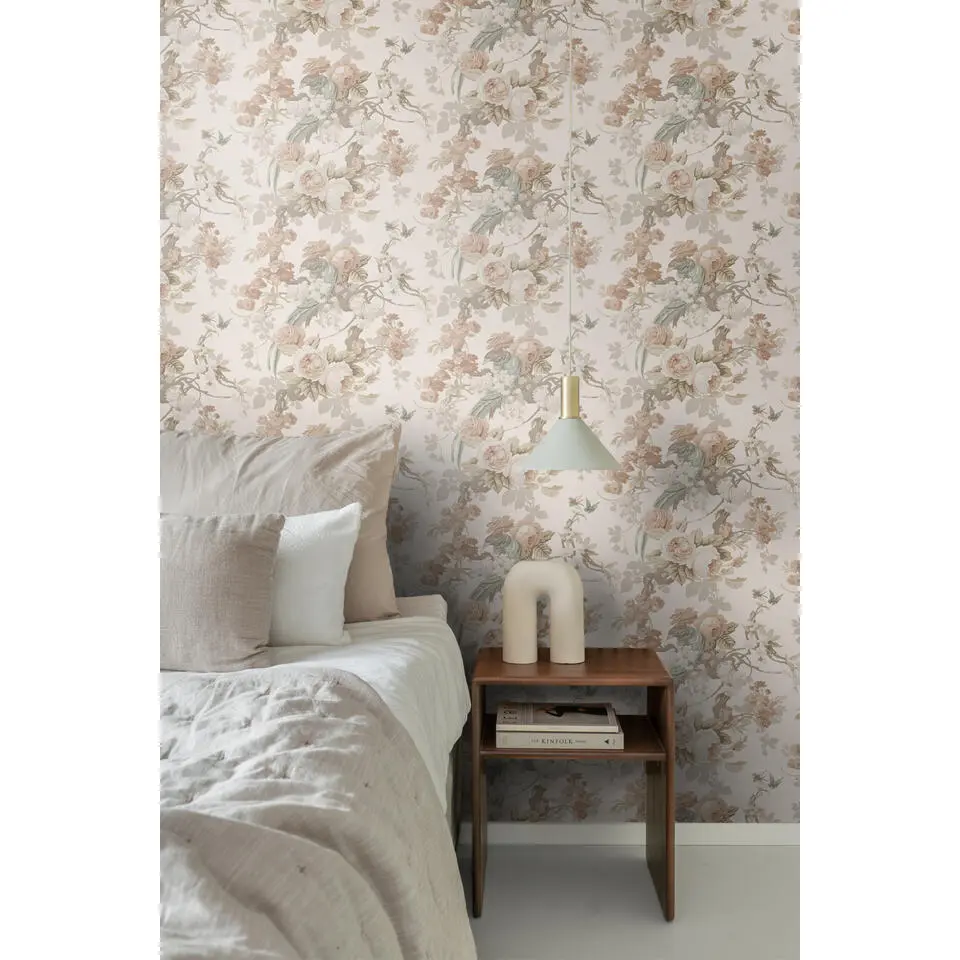 ESTAhome behang bloemen en vogels beige - 50 x 900 cm