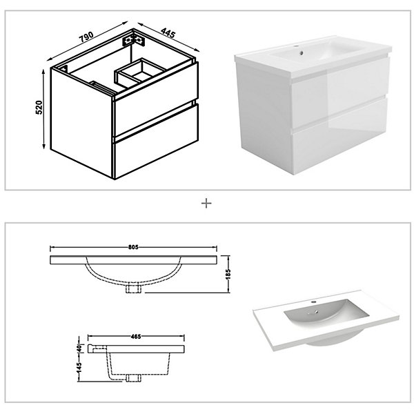 Ensemble meuble salle de bain 80 cm blanc brillant avec 2 tiroirs, lavabo céramique simple   colonne, suspendu