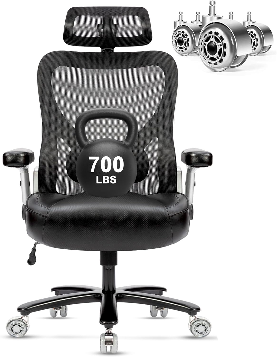 Super Big and Tall Office Chair 700lbs- Heavy Duty Executive Computer Chair with Rubber Wheels 3D Flip Arms, Ergonomic Mesh High Back Desk Chair, Extra Wide Seat Adjustable Lumbar Support & Headrest