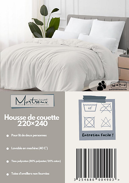 Housse de couette Polycoton Blanc - 2 personnes 220 x 240 - Toutes saisons - MORTREUX