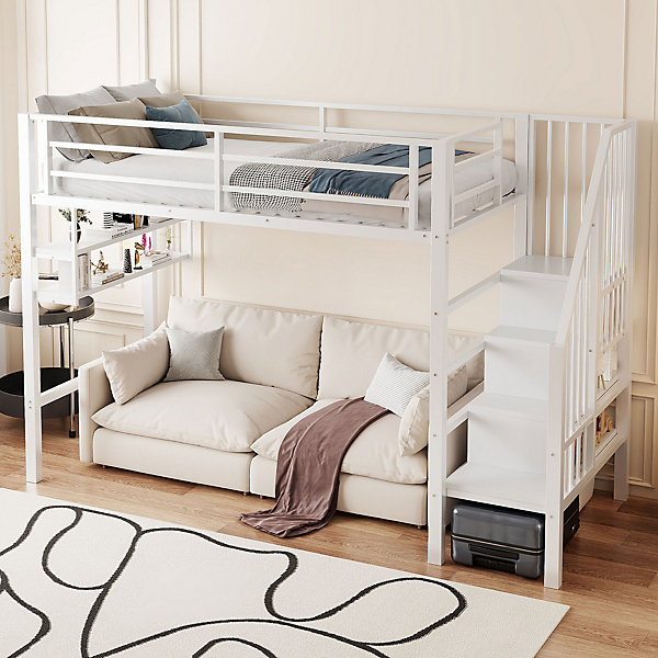 Lit superposé 90x200 cm avec échelle intégrée et rangements, structure métal blanc design contemporain gain de place
