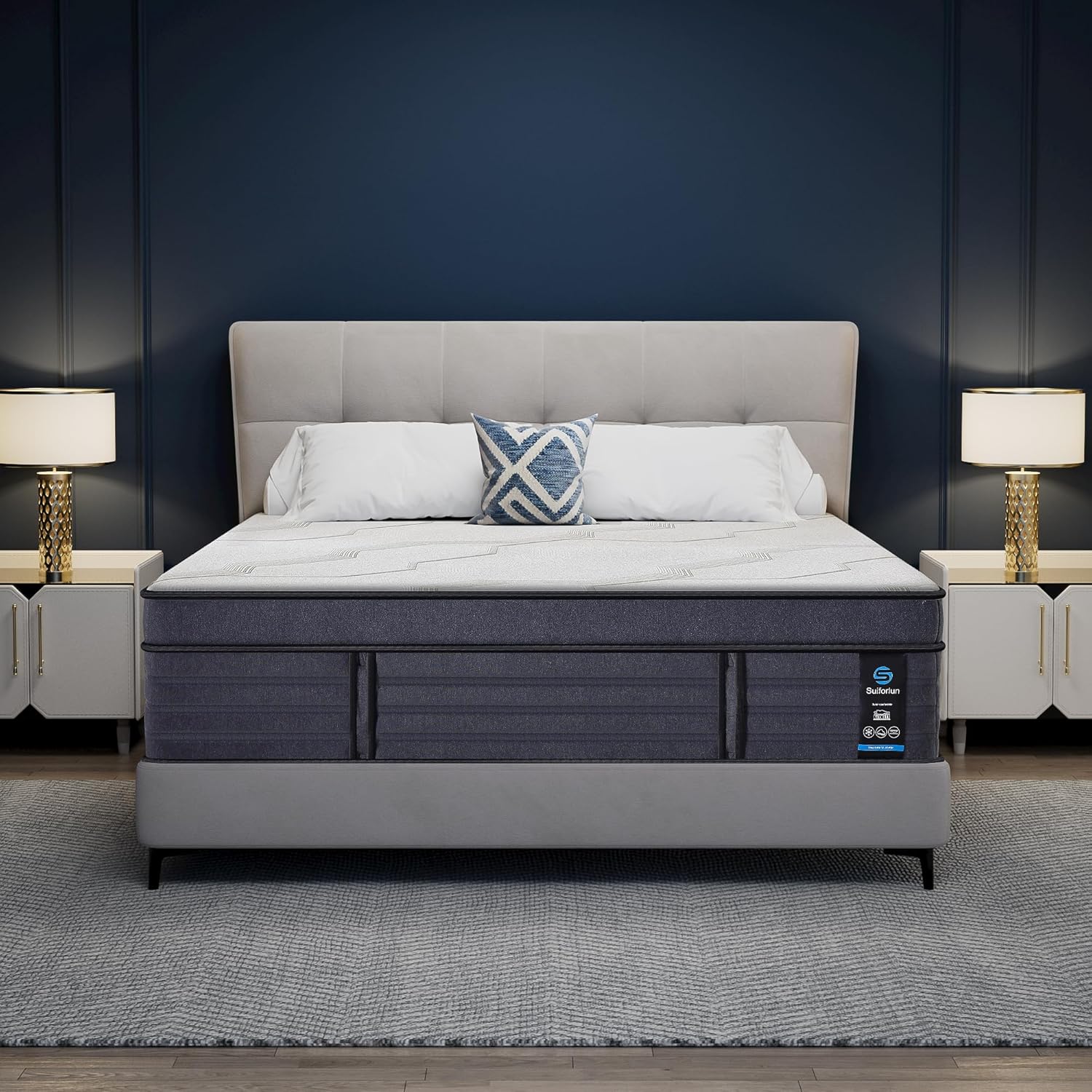 Suiforlun Queen Mattress, 15 Inch Fiberglass-Free Hybrid Charcoal Gel Memory Foam Mattress with 7 Premium Layers and Upgraded Edge Support Pocket Coils, Medium-Firm