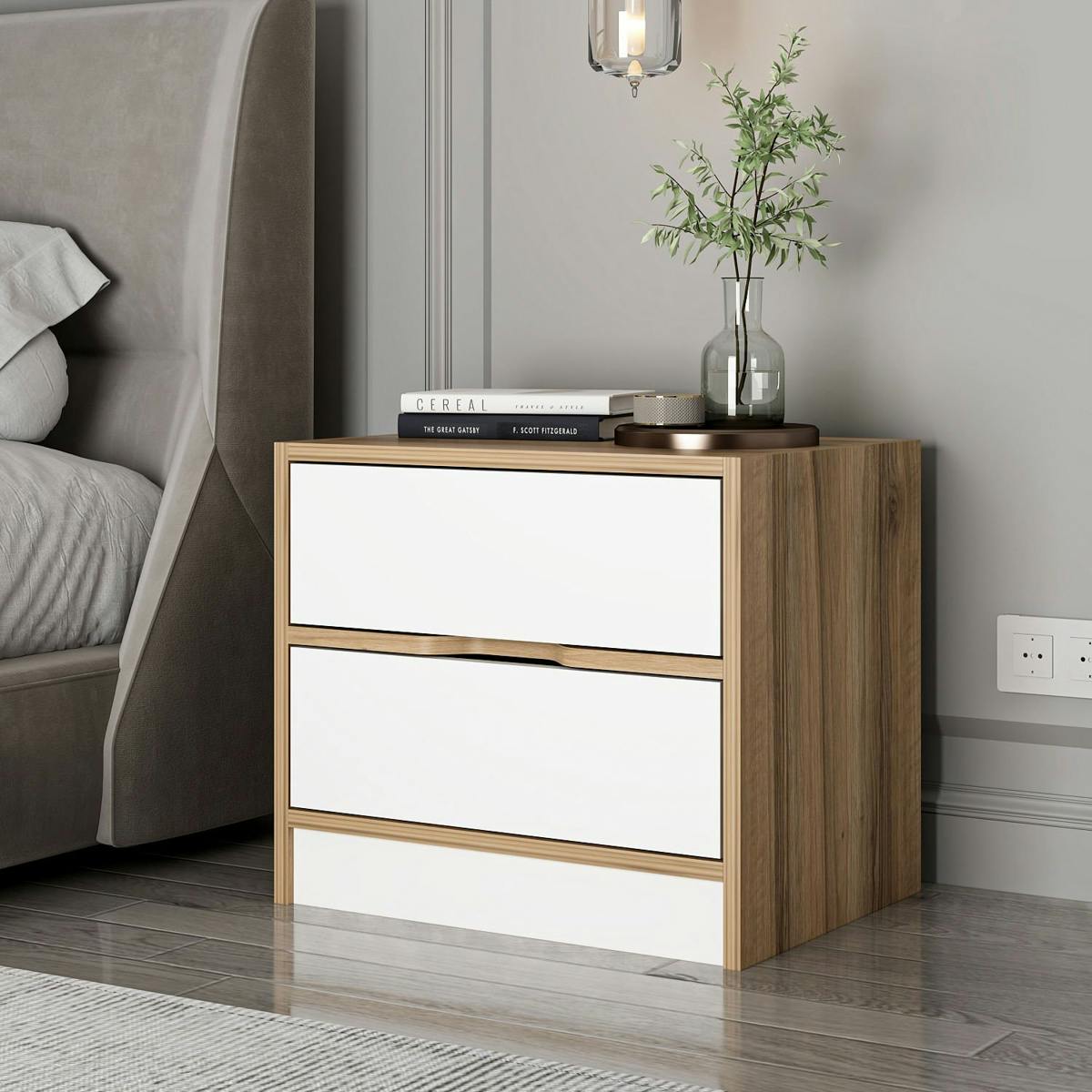 Table de chevet moderne 2 tiroirs décor bois et blanc BYRON