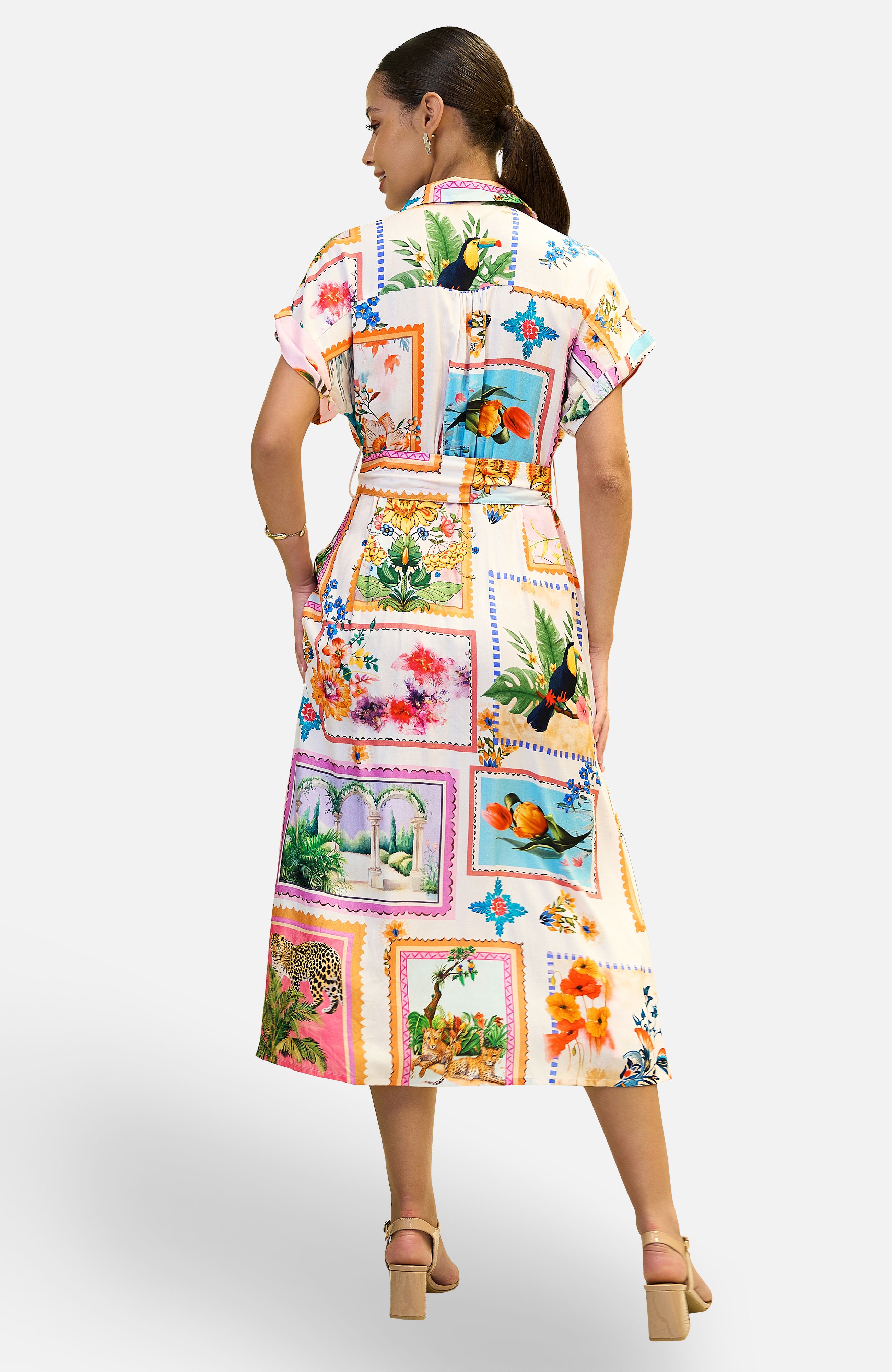 Yumi Ivory Tropical Postcard Print Relaxed Midi Shirt Dress