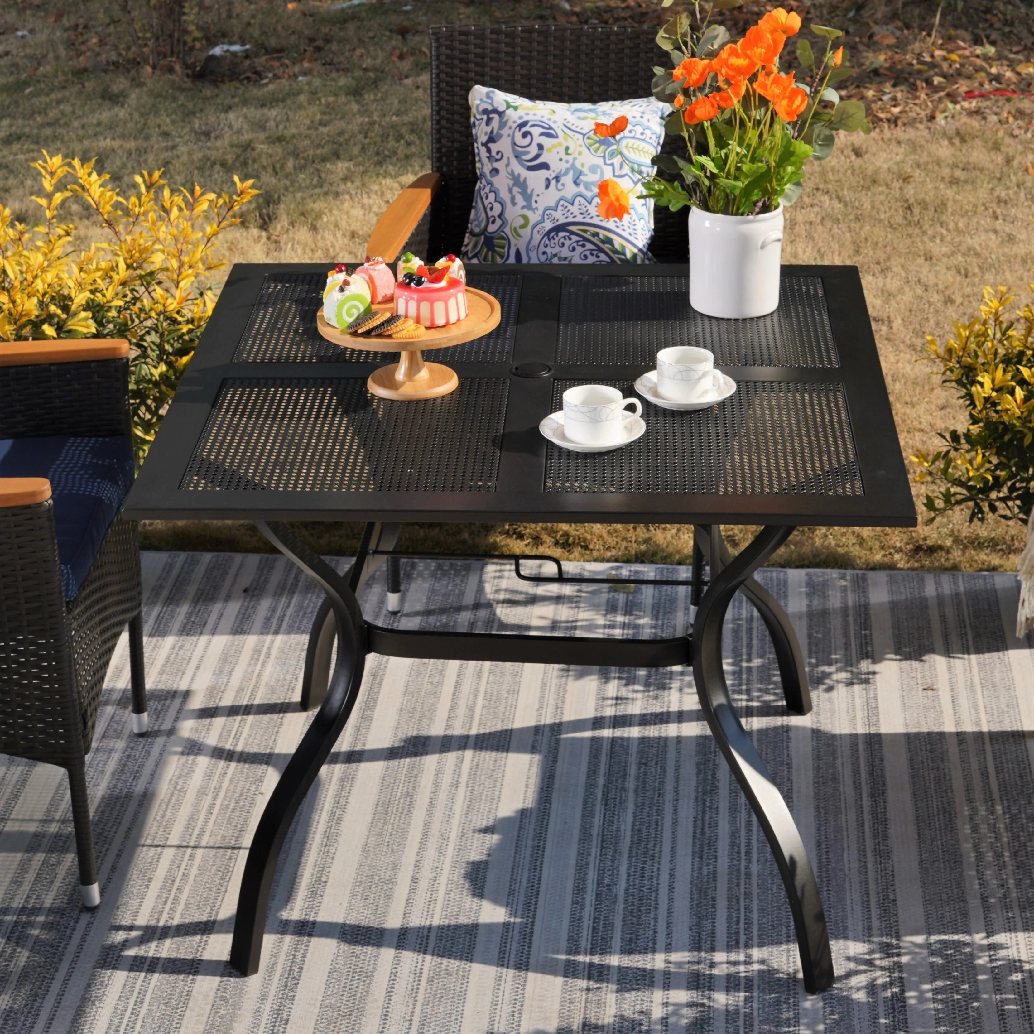 37 x 37 Square Outdoor Dining Table Powder-Coated Steel Frame Top Umbrella Stand Deck