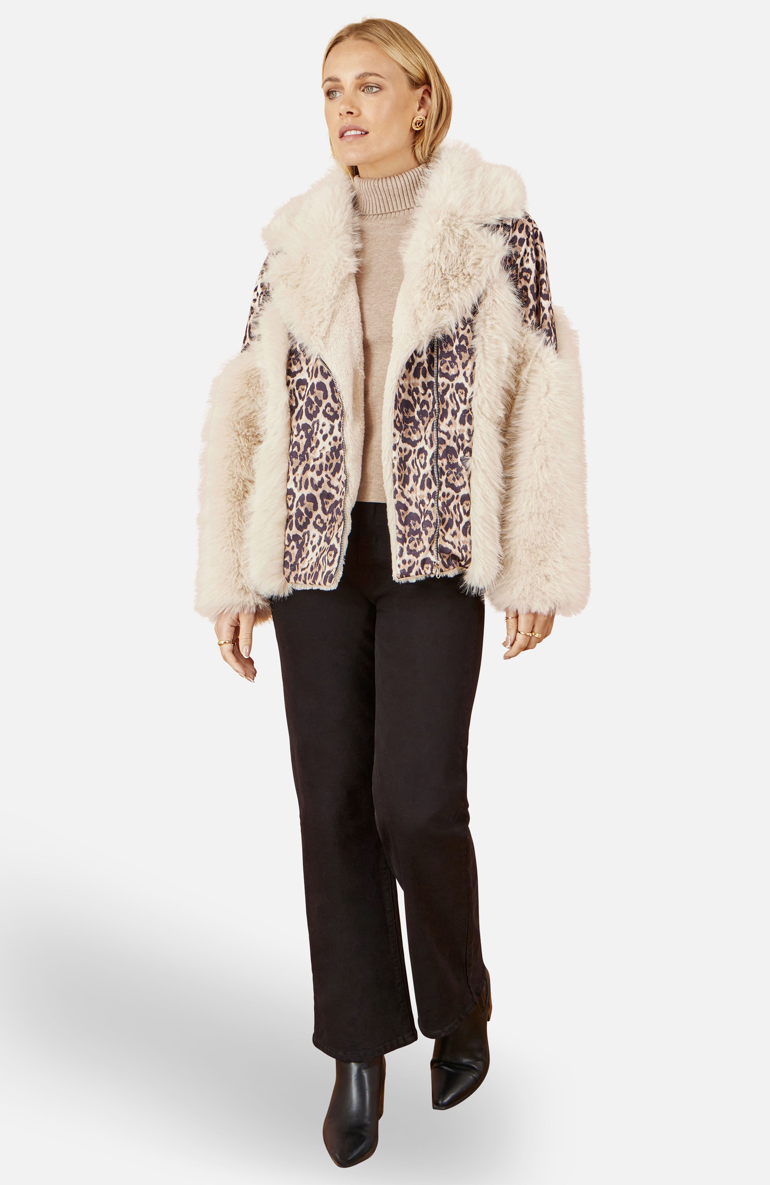 Yumi Cream And Brown Biker Jacket With Leopard Print