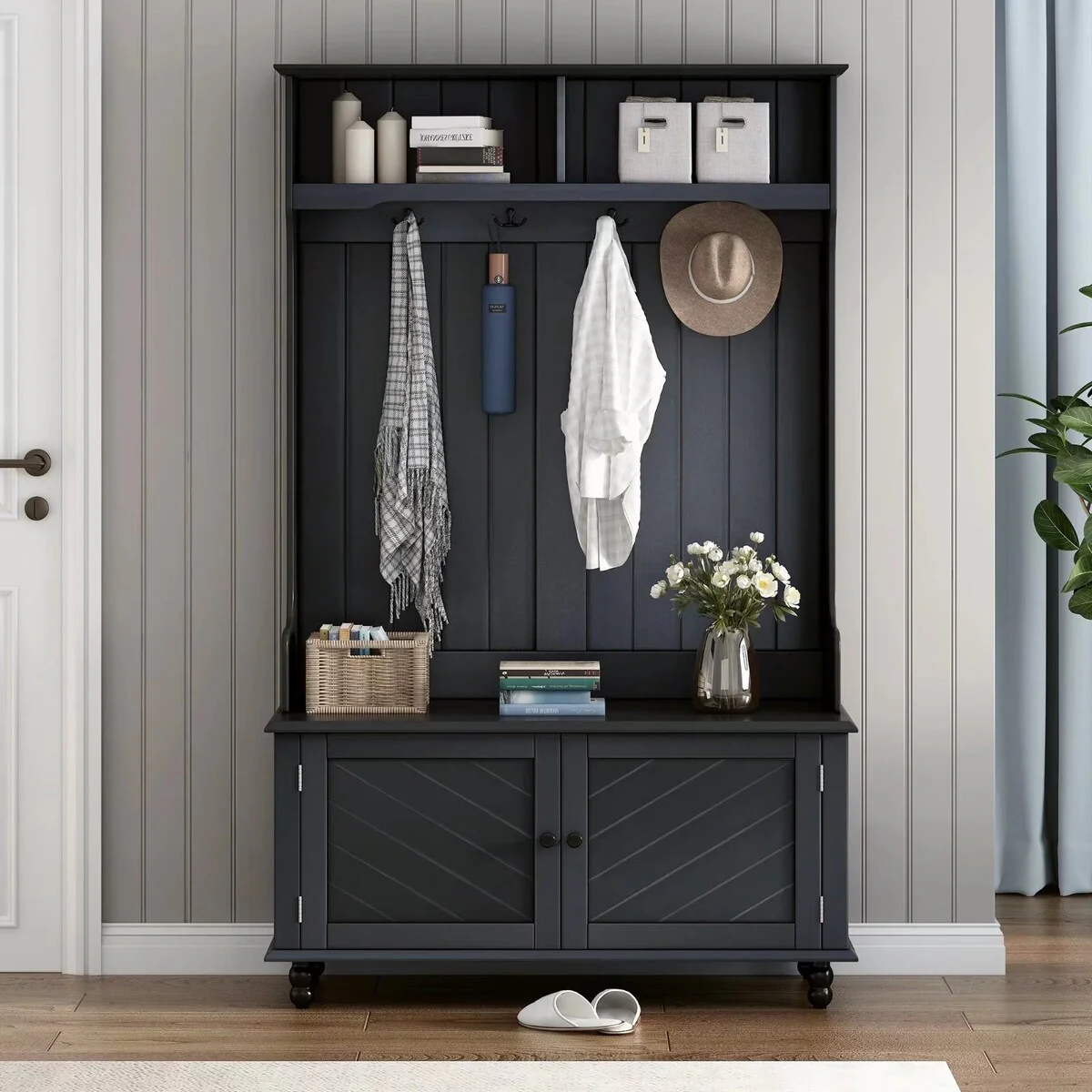 Hall Tree with 4 Hooks 2 Open Compartment and Bottom 2 Door Cabinet, Entryway Bench, Storage Bench, 3-in-1 Design