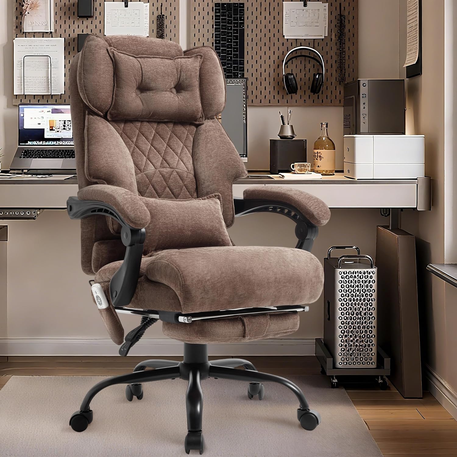 Massage Office Chair with Foot Rest,6 Points Vibration & Heat Executive Office Chairs for Heavy People,500LBS Big and Tall Office Chair,Ergonomic Reclining Desk Chair,Dual-Use Pillow,Brown