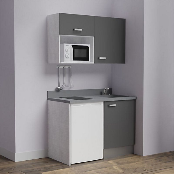 Kitchenette K07 - 120 cm - façades Gris - Plan monobloc en quartz coloris Cromo évier à droite