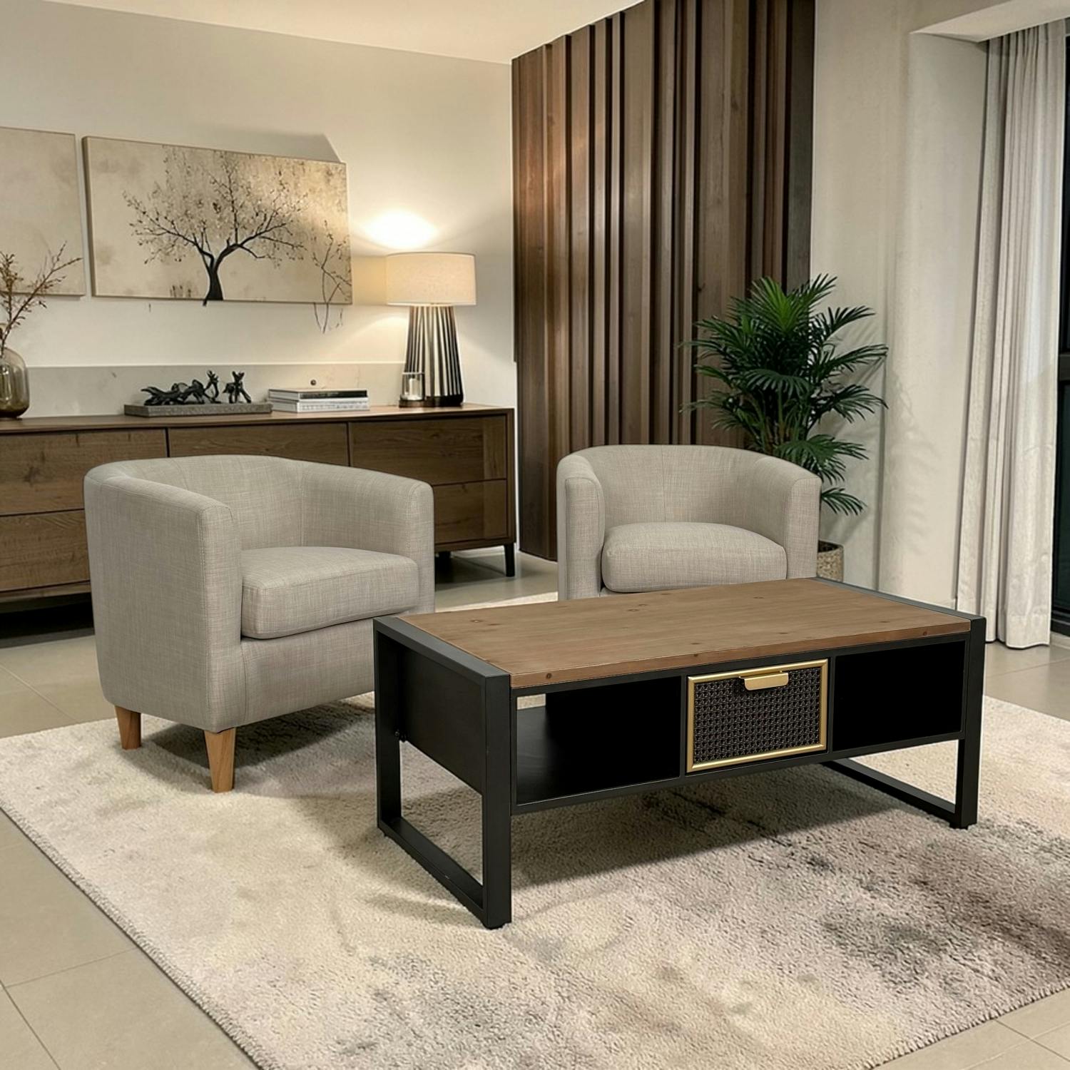Table basse avec rangement et 1 tiroir en cannage métallique ATELIER