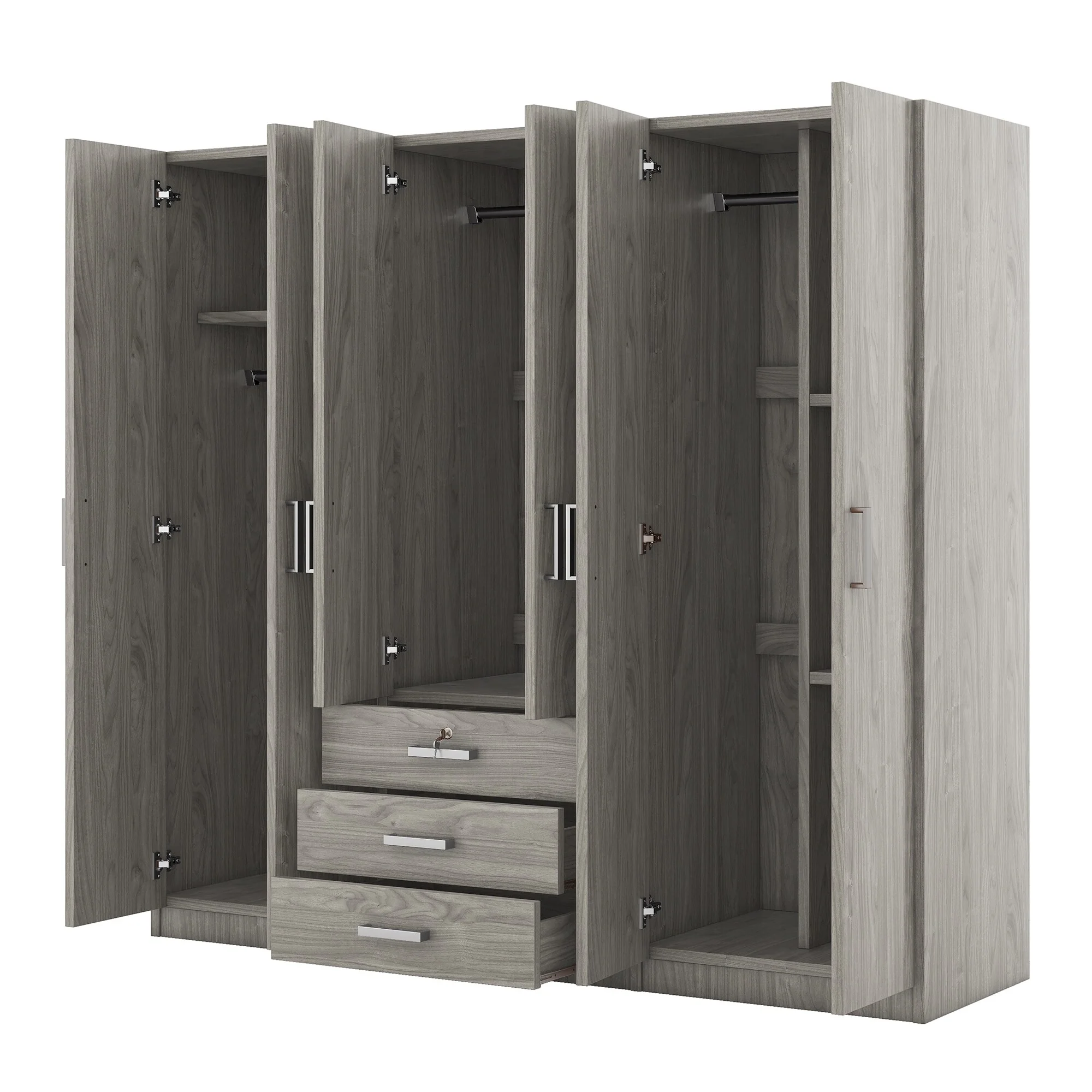 6 Door Armoire Wardrobe Closet, Floor Standing Freestanding Wardrobe Closet with 3 Big Drawers, Clothes Rail for Bedroom