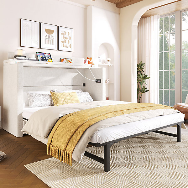 Lit Escamotable Double 140x200 cm - Tiroir et Compartiment Transformable, Ports USB et Type-C, Lin/MDF - Sans Matelas Beige