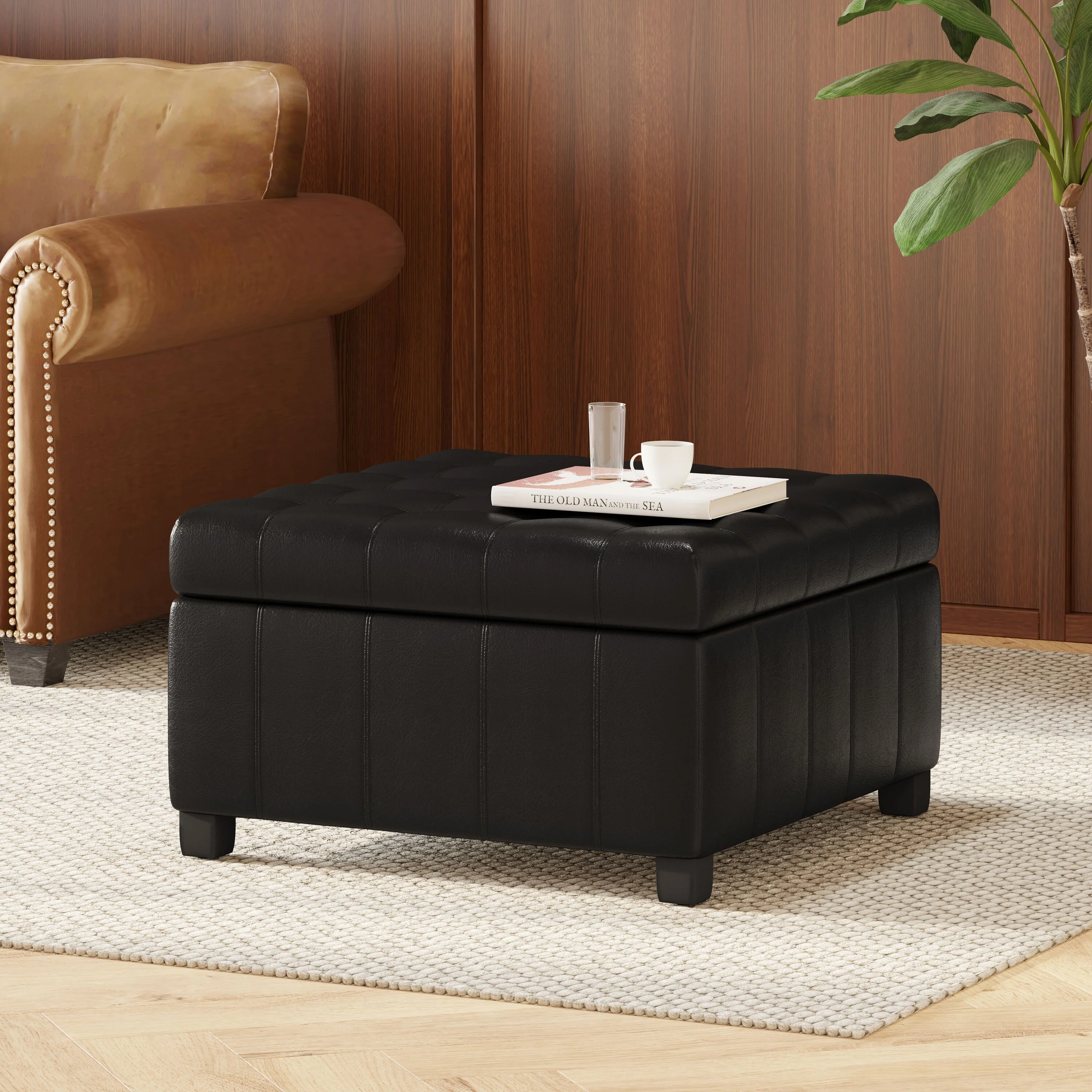 Roomfitters Ottoman Storage Bench, PU Leather Upholstered Footstool with Lift-Top Design, Black