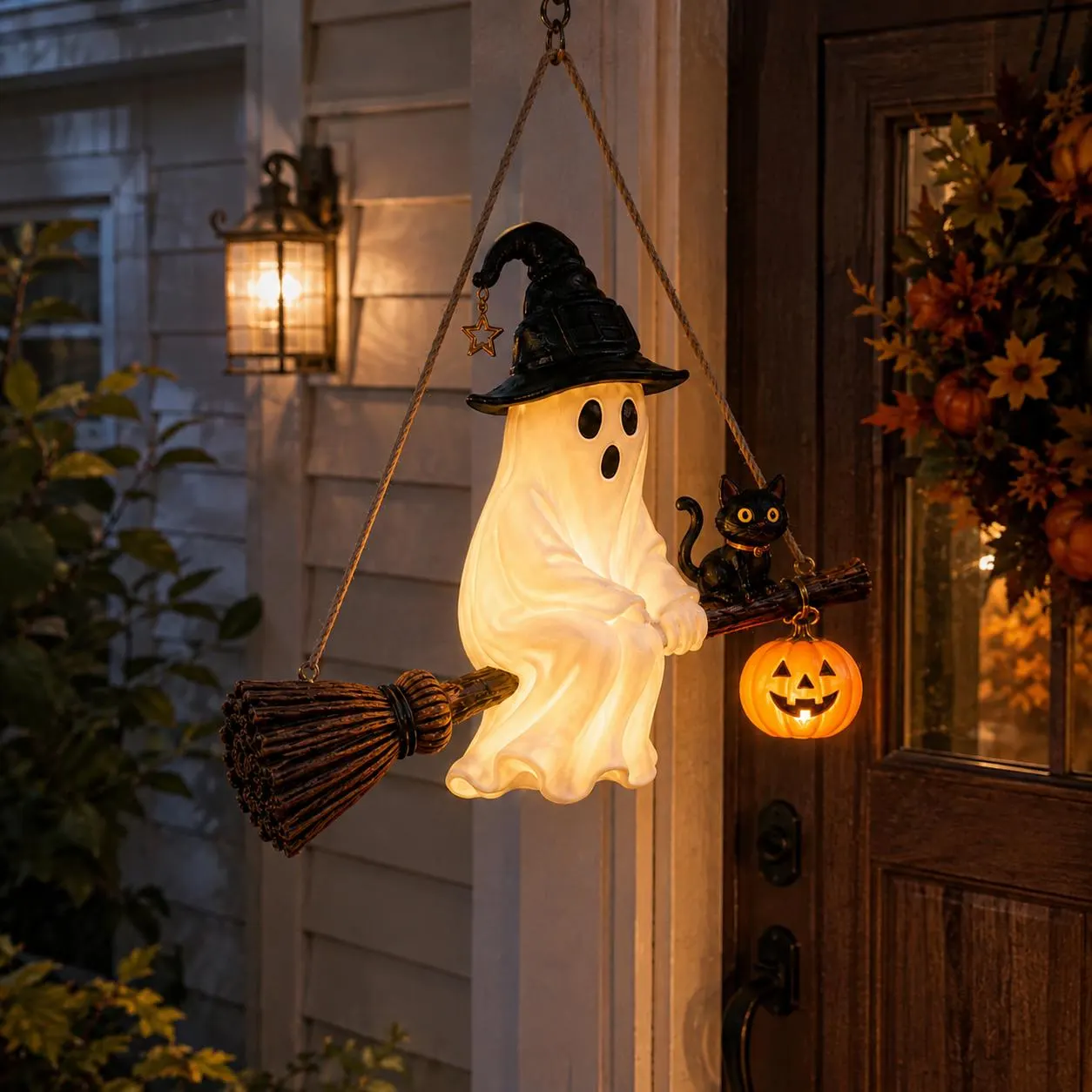 Hanging Ghost Black Cat Pumpkin Lantern, Spooky Outdoor Porch Light, Gothic Halloween Decor