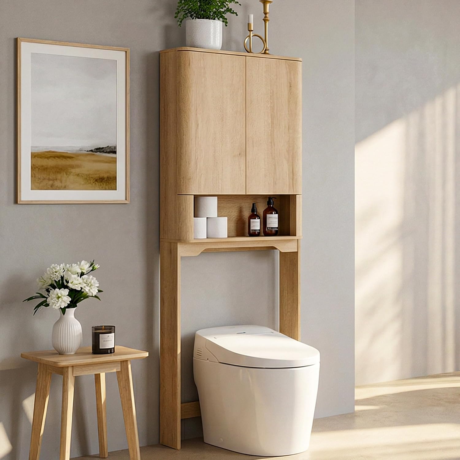 JXQTLINGMU Modern Over The Toilet Storage Cabinet, 67 Inch Tall Wooden Bathroom Cabinet with Adjustable Shelf & Handle-Less Double Doors, Natural Oak