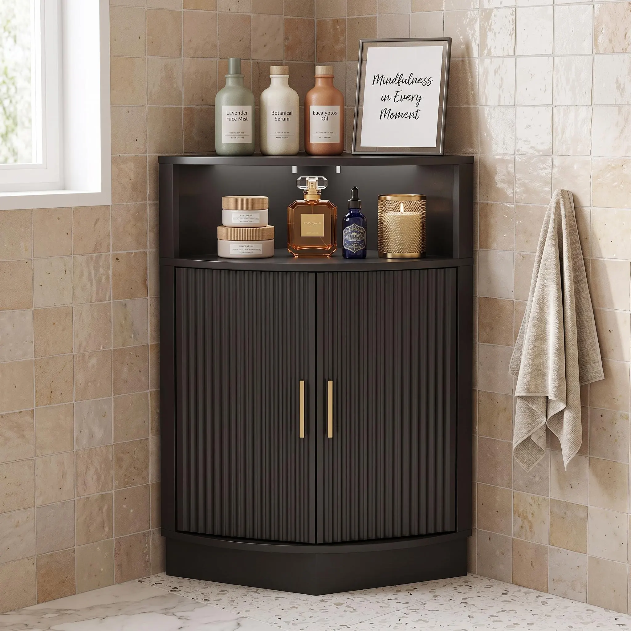 Corner Cabinet with Fluted Wood Doors and Gold Handles – Modern Storage Solution