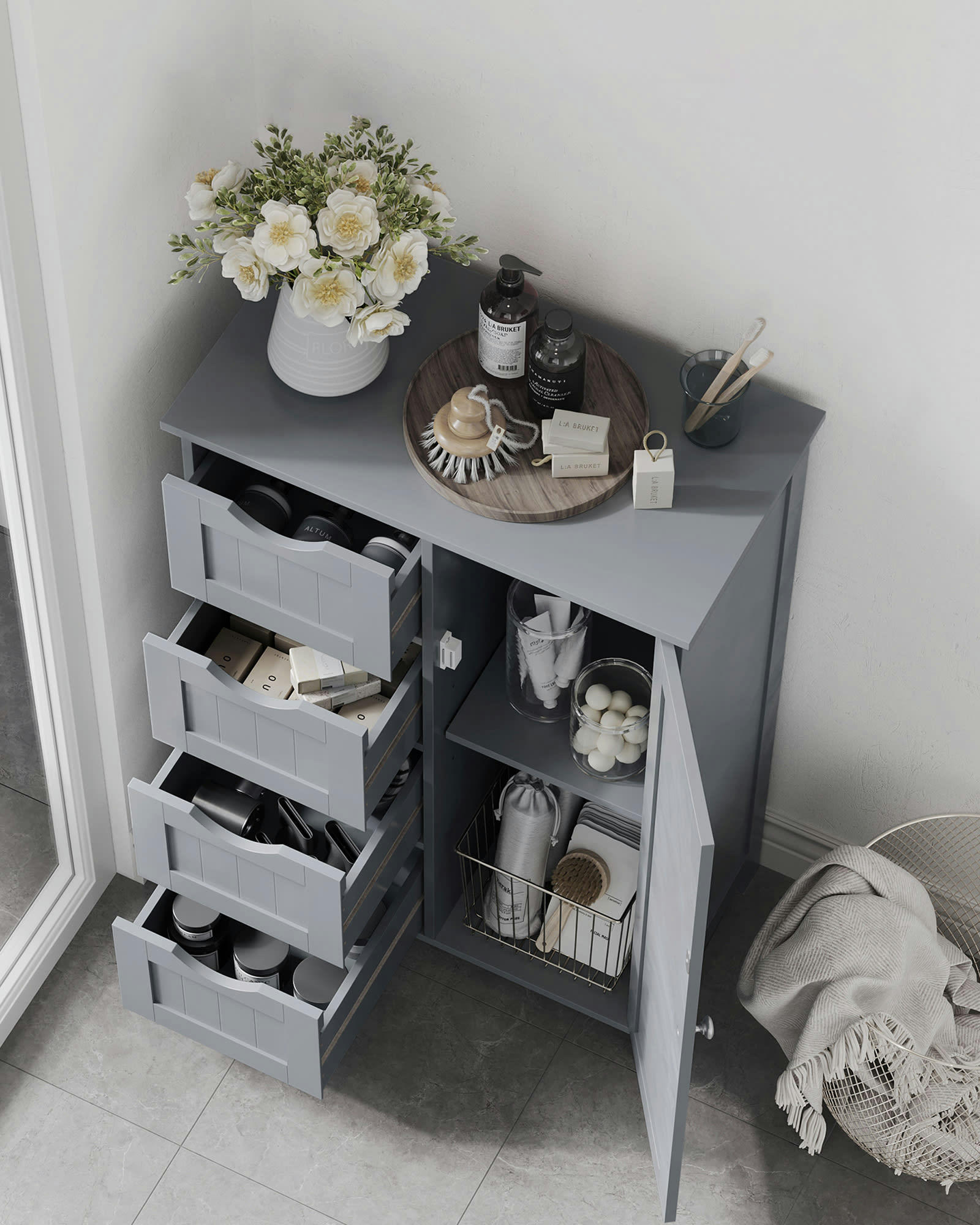 - Meuble salle de bain avec 4 tiroirs effet bois gris mystique