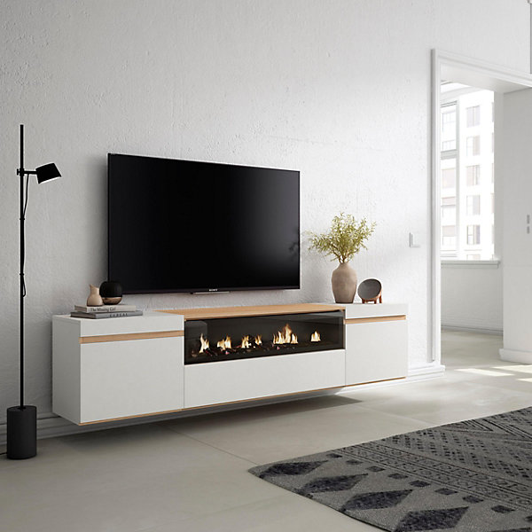 Meuble TV, Banc Télé, 200x35x45cm, Cheminée électrique, Suspendu, Mural, Blanc et Chêne Soft