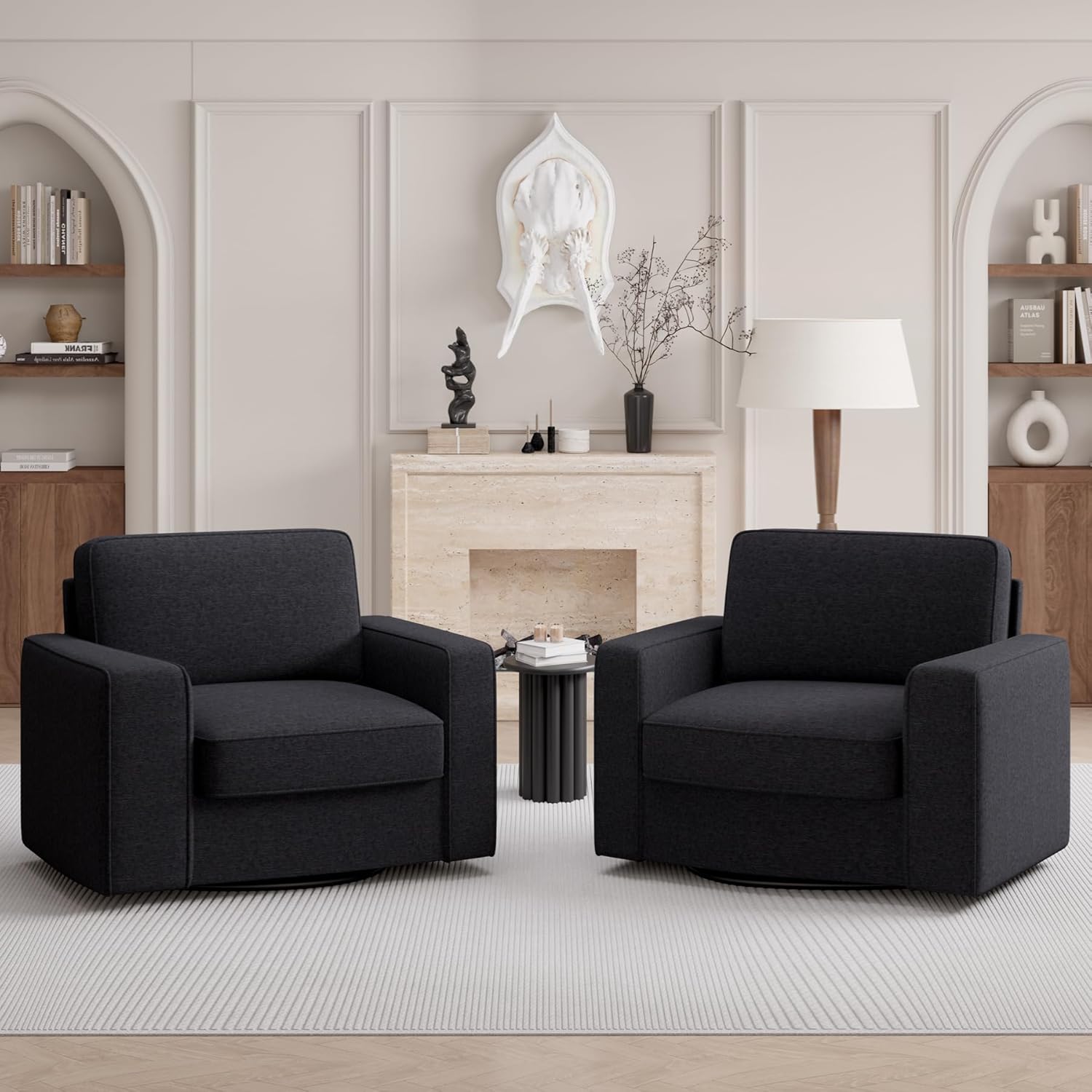 Swivel Accent Sofa Chair Set of 2, 360 Degree Rotation 36'' Width Oversized Wingback Armchair Linen Fabric Single Thick Cushion Soft Living Room, Office Black