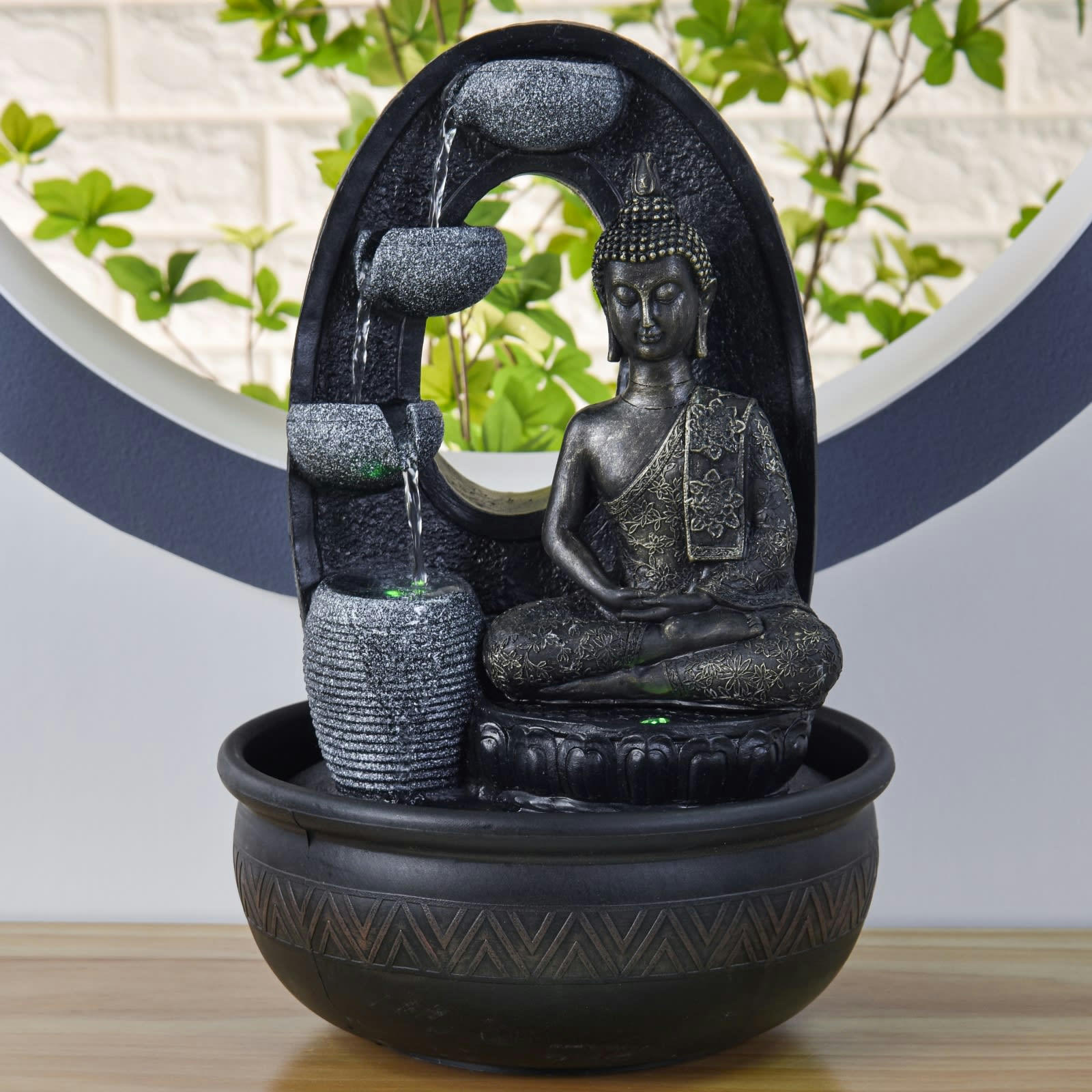 HARMONIE - Grande Fontaine d'intérieur et bouddha Thai résine marron et gris H40
