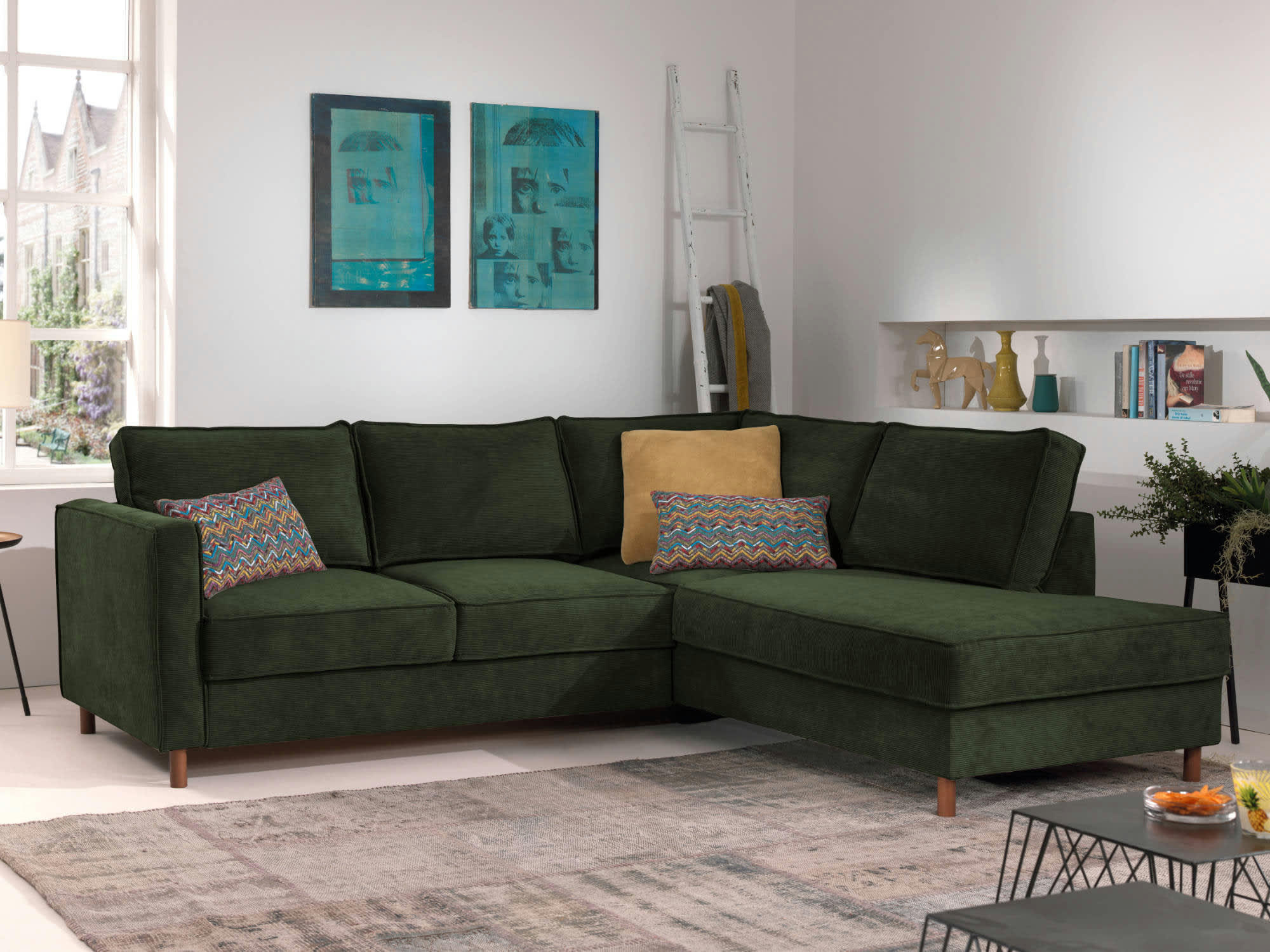 JAKE - Canapé d'angle droit convertible 5 places en velours côtelé vert