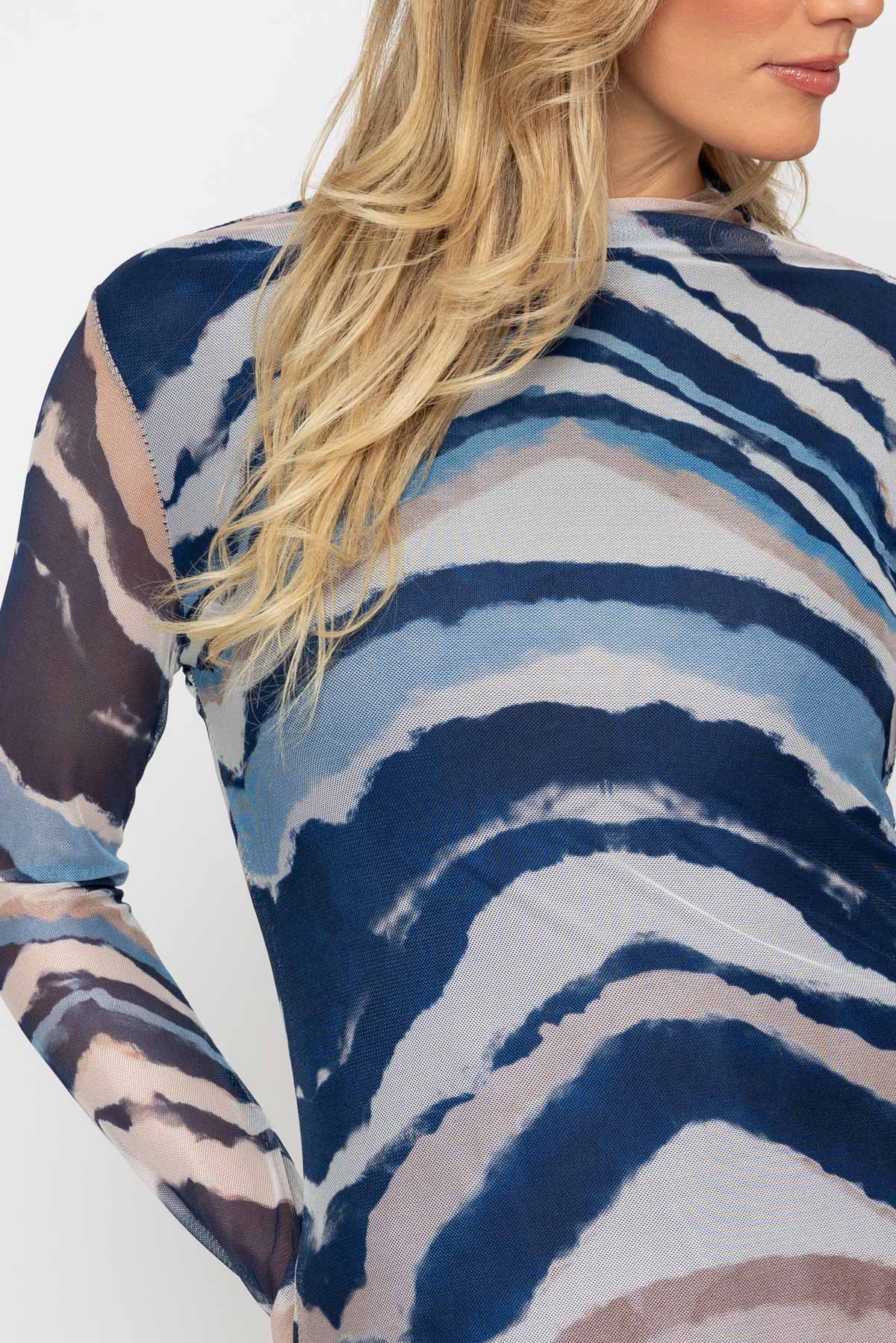 Navy Printed Mesh Long Sleeve Top
