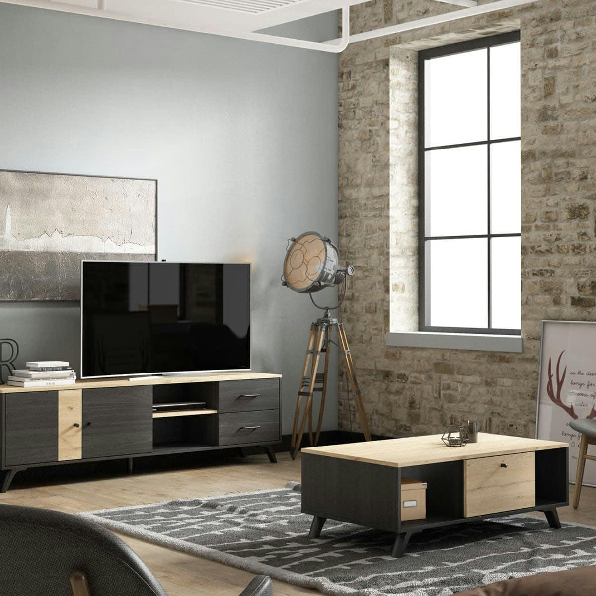 ZACK - Table basse 1 tiroir effet bois noir et bois naturel 100 cm