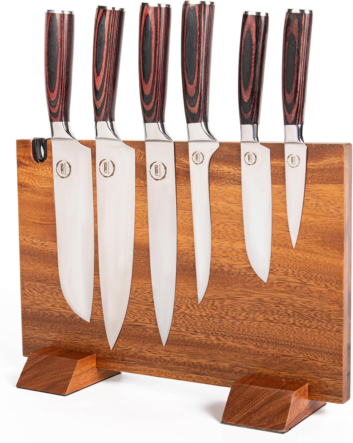 Double Sided Magnetic Knife Block with Built-in Knife Sharpener – Cool Knife Organizer, Wooden Kitchen Accessories Design with Non-Slip Bottom Grips for Stability | Maximize Counter Space