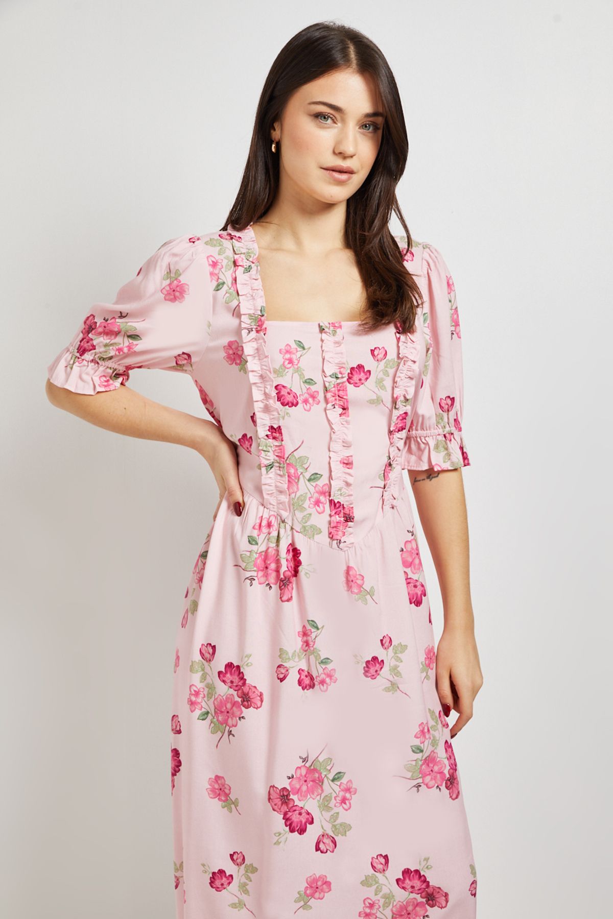 Dorothy Perkins Floral Square Neck Frill Detail Puff Sleeve Midi Dress