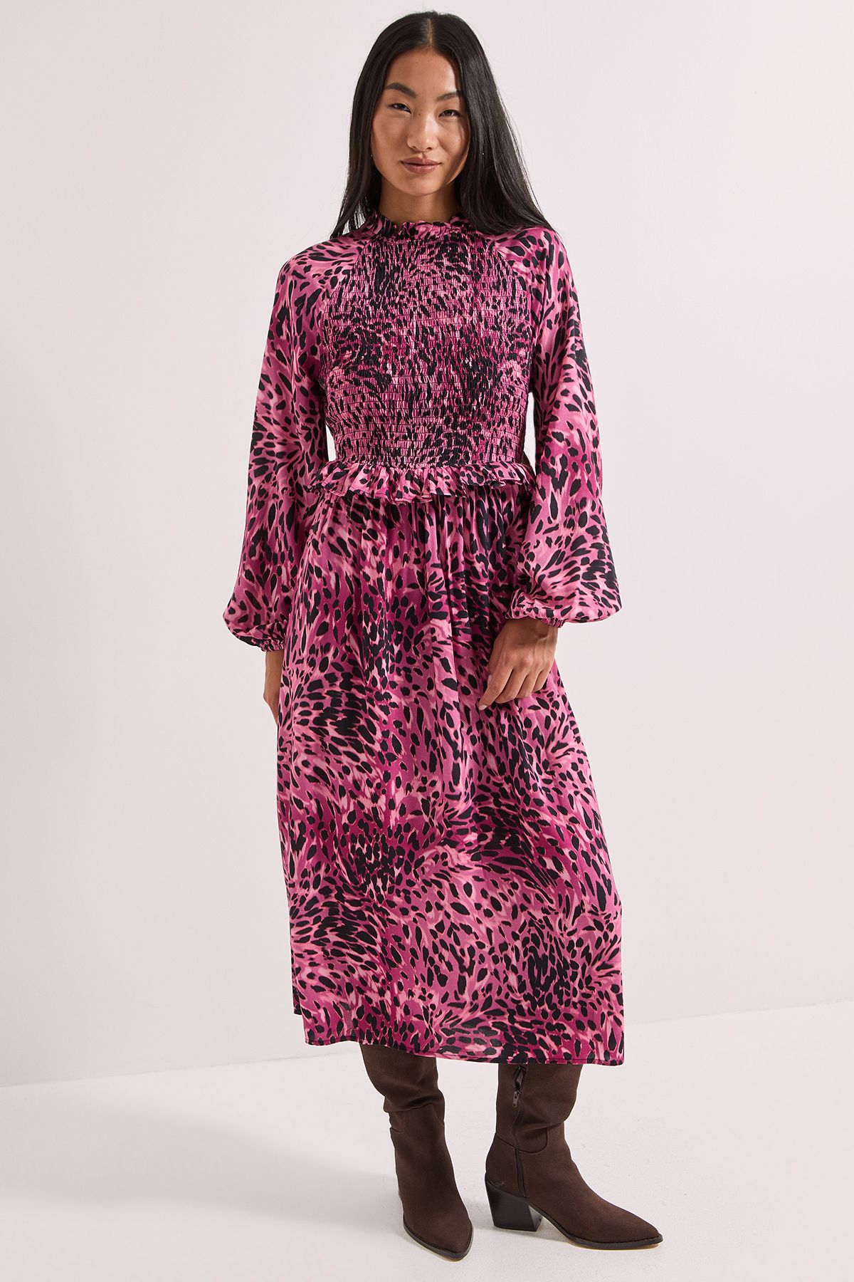 Dorothy Perkins Animal Print Petite Shirred Bodice Frill Detail Midi Dress
