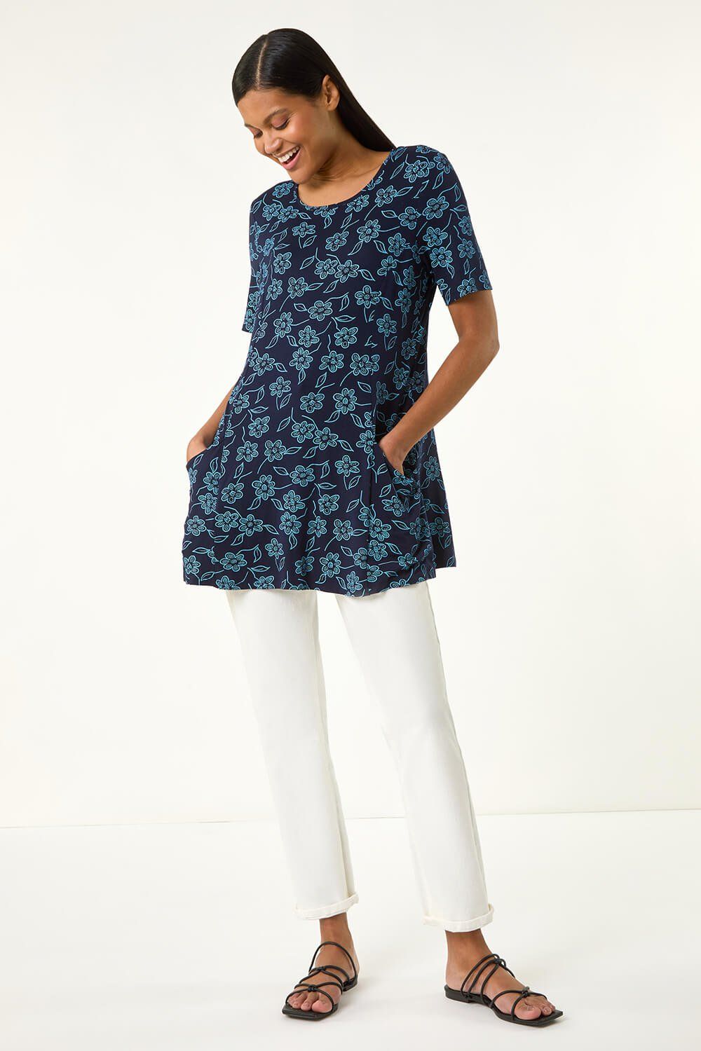Roman Floral Hanky Hem Pocket Tunic Top