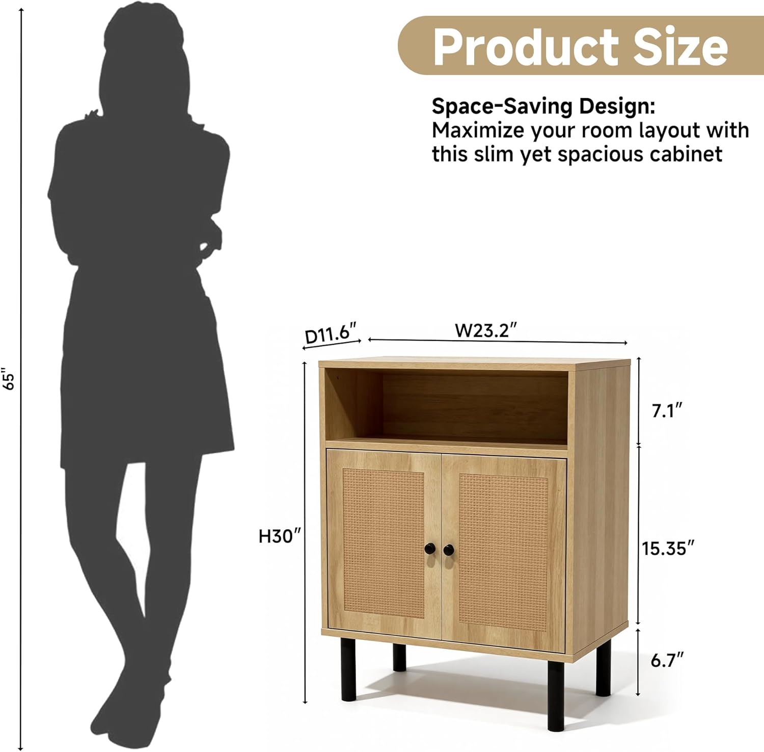 Narrow Storage Cabinet with Rattan Doors, 32 Tall Small Cabinet for Bathroom, Small Space Hallway Entryway, Free-Standing Sideboard for Laundry Room Kitchen, Easy Assembly(Dark Oak)