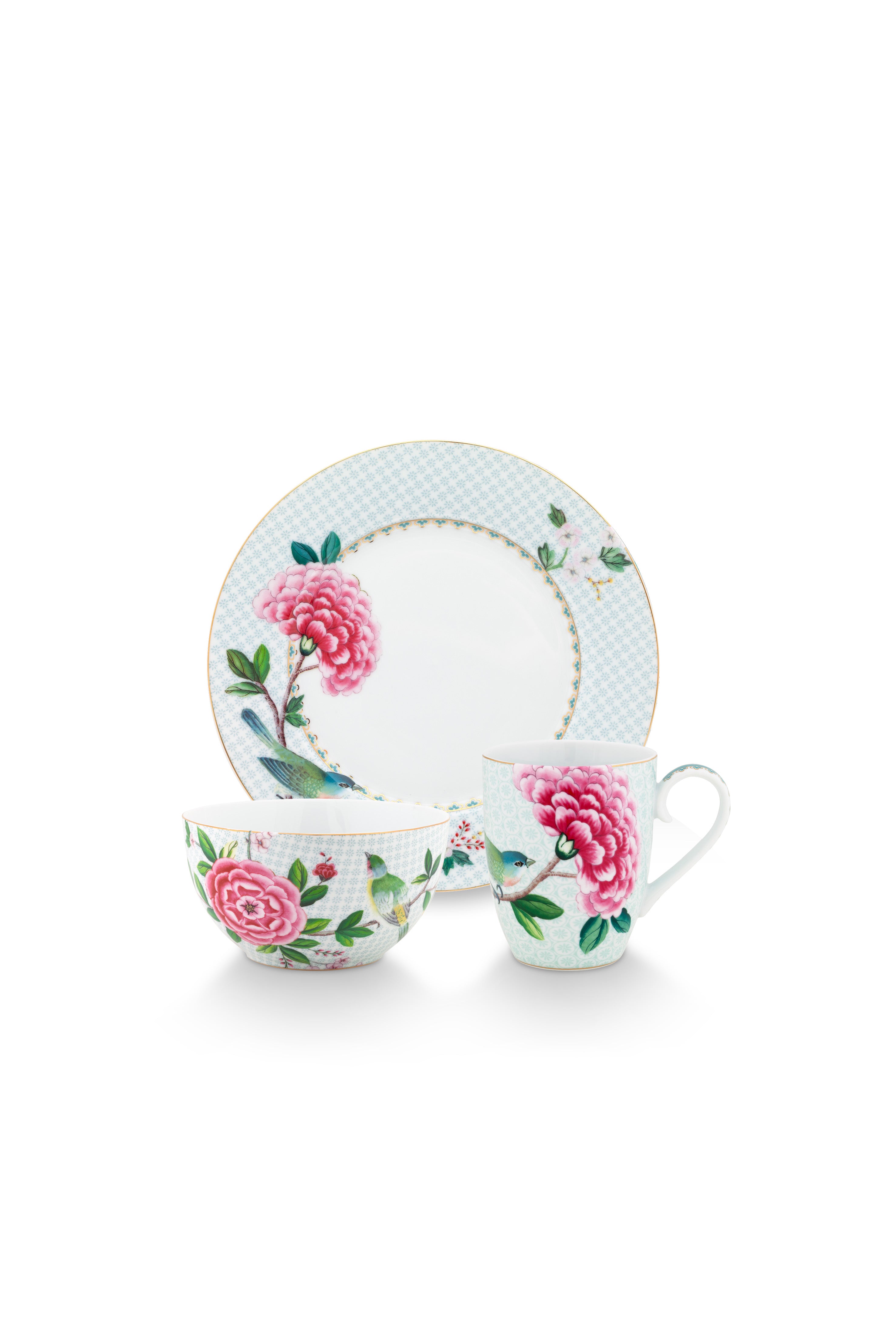 Pip Studio - Blushing Birds ontbijtset - Met ontbijtbord, mok en ontbijtkom - Wit - Serviesset van 3