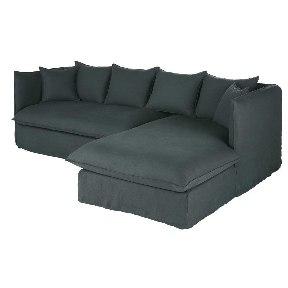 Louvain - Canapé d'angle droit 3/4 places en lin froissé gris anthracite