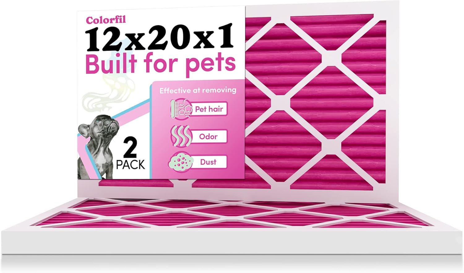 12x20x1 Air Filter by Colorfil | Color Changing Filters for Cat and Dog Odor | MERV 8 Furnace AC Filter for Pet Hair and Dust | 11.5x19.5x0.75 Exact Size | Pack of 2