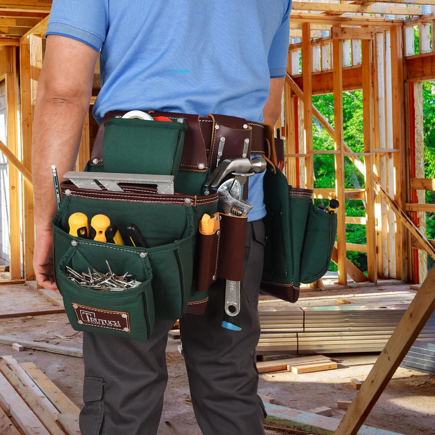 Nylon and Leather Tool Belt | Framing Tool Bags/Pouch | for Carpenter, Construction, Framers & Electrician (Green)