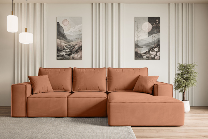Narożnik z funkcją spania i pojemnikiem SERRA-L-S 266x161x87 cm Morelowy