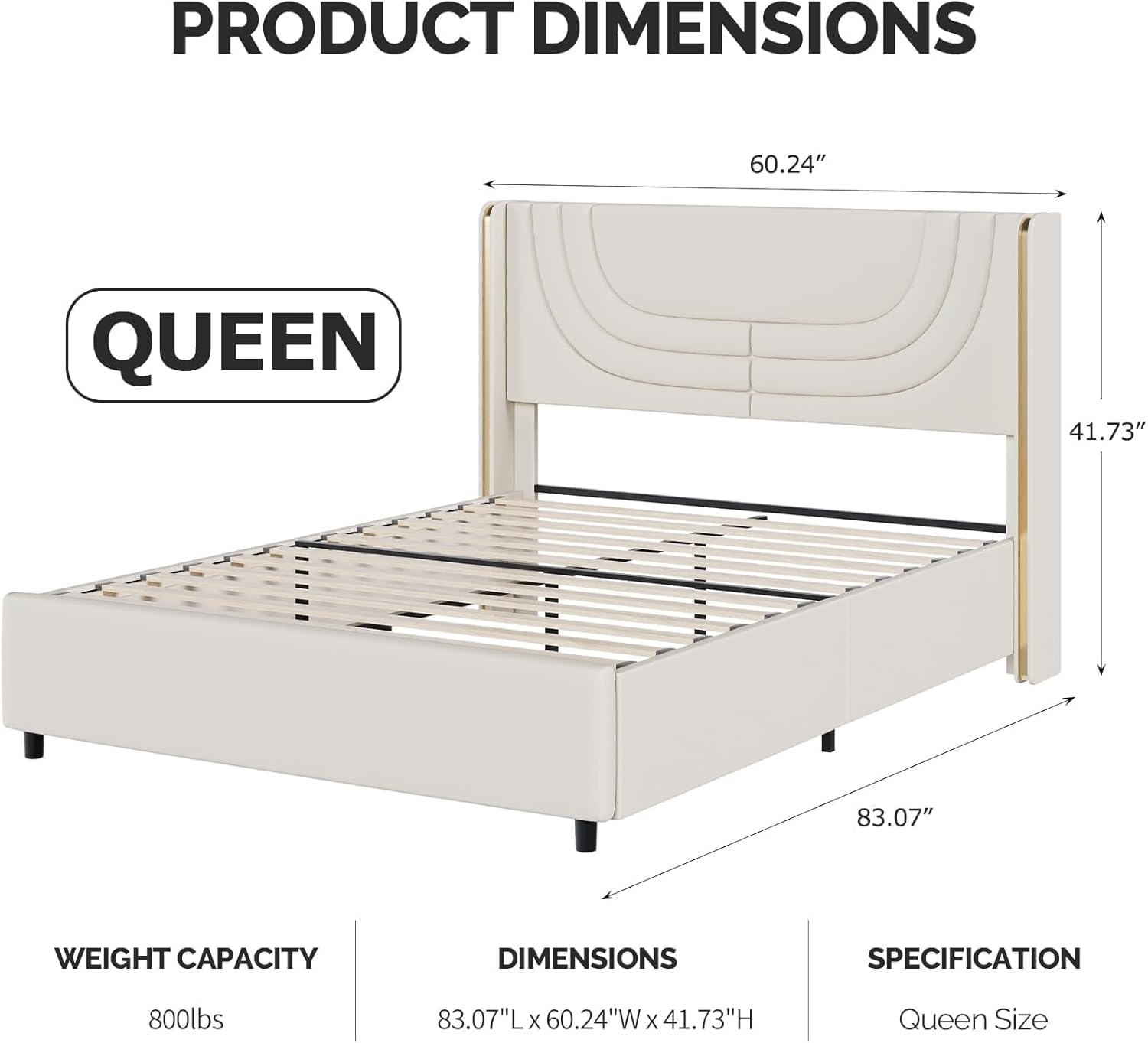 Queen Bed Frame with LED Lights, Faux Leather Upholstered Platform with Silver Wingback Headboard, Modern Style, No Box Spring Needed, Easy Assembly, Cream
