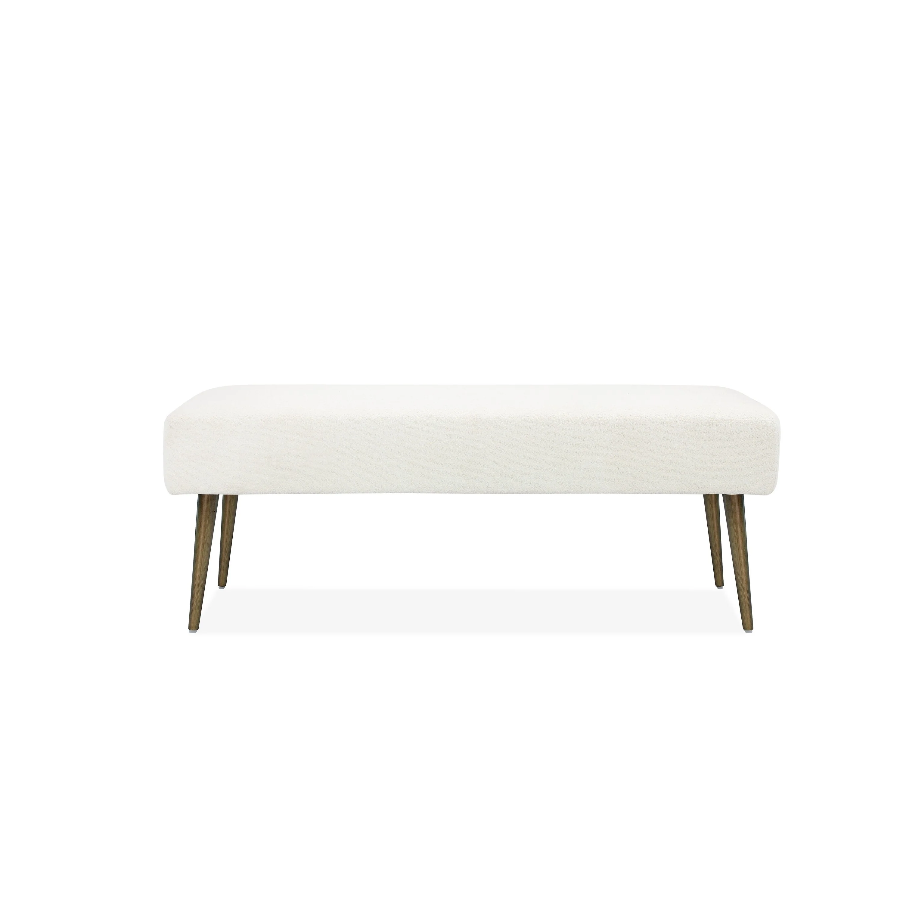 Kay 45 Inch Accent Bench, White Boucle Fabric, Bronze Tapered Steel Legs