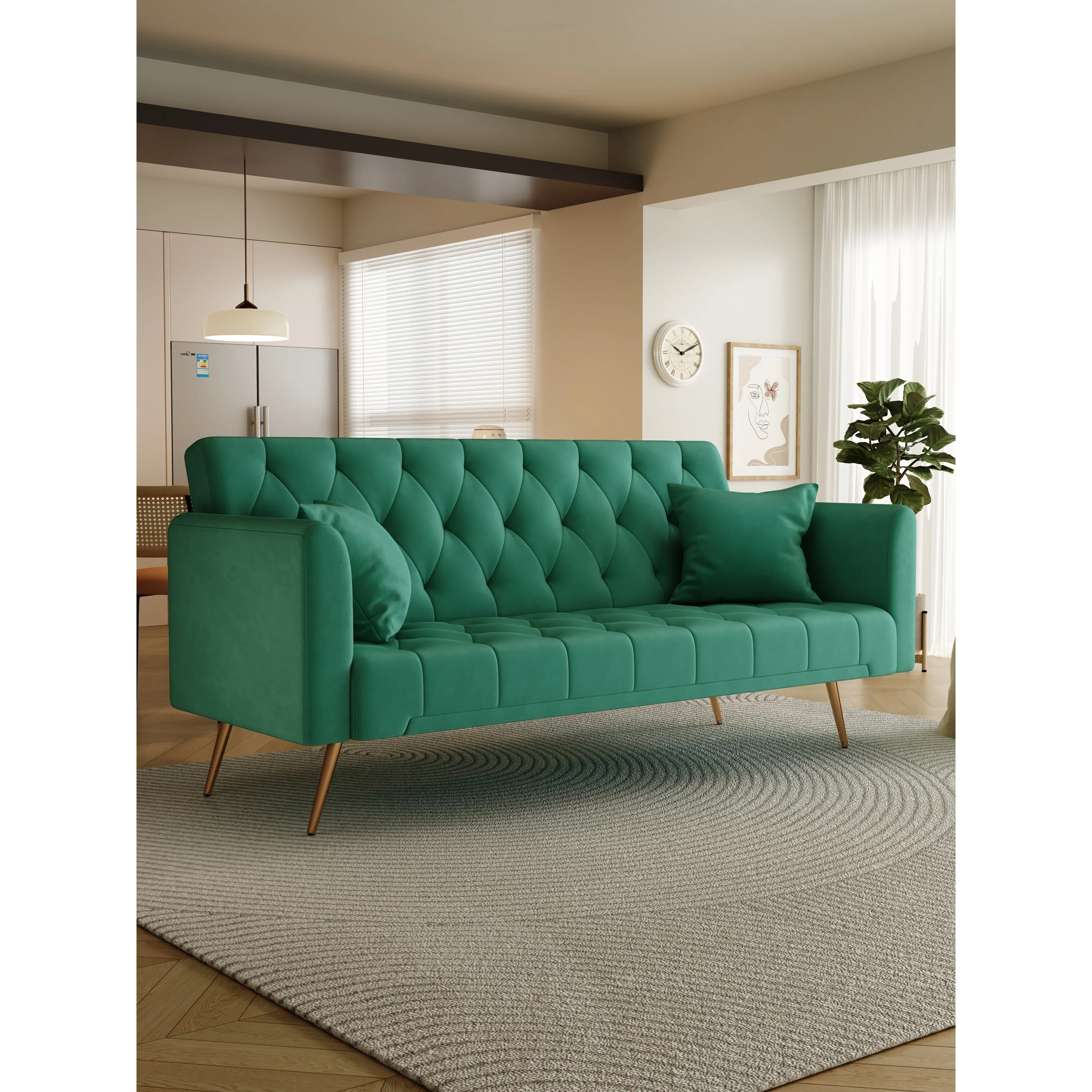 Green 71 Velvet Convertible 3-seater Sofa Bed with Two Throw Pillows and Metal Legs for Living Room