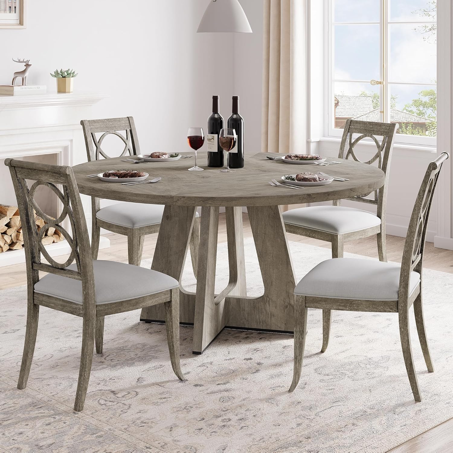 GAOMON 47 Inch Round Dining Table for 4-6 People, Circle Dinner Table with Wooden Cross Pedestal Base, Farmhouse Kitchen Furniture for Dining Room, Living Room, Kitchen (Table Only) - Grey