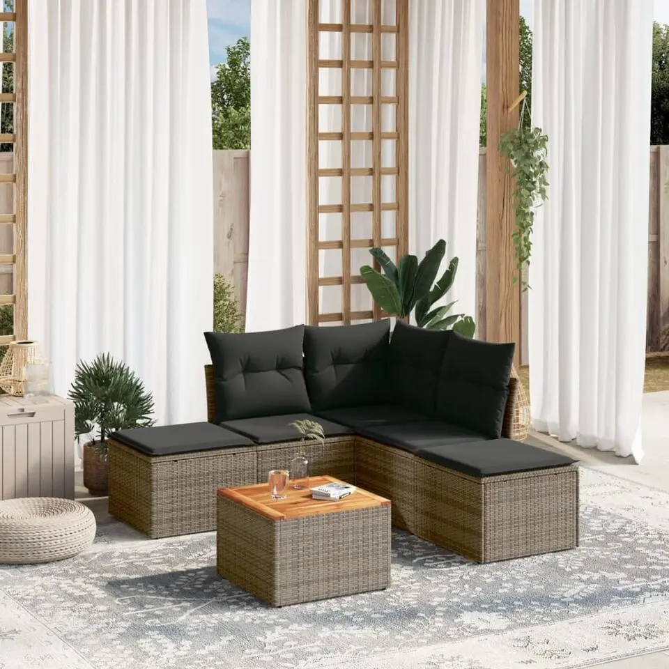 vidaXL 6-delige Loungeset met kussens & hout salontafel - Grijs - Poly rattan