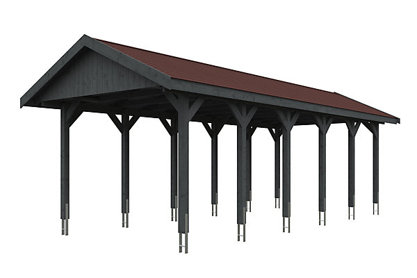 Carport SKAN HOLZ Wallgau 380 x 900 cm, traitement coloré gris ardoise, avec bardeaux rouge