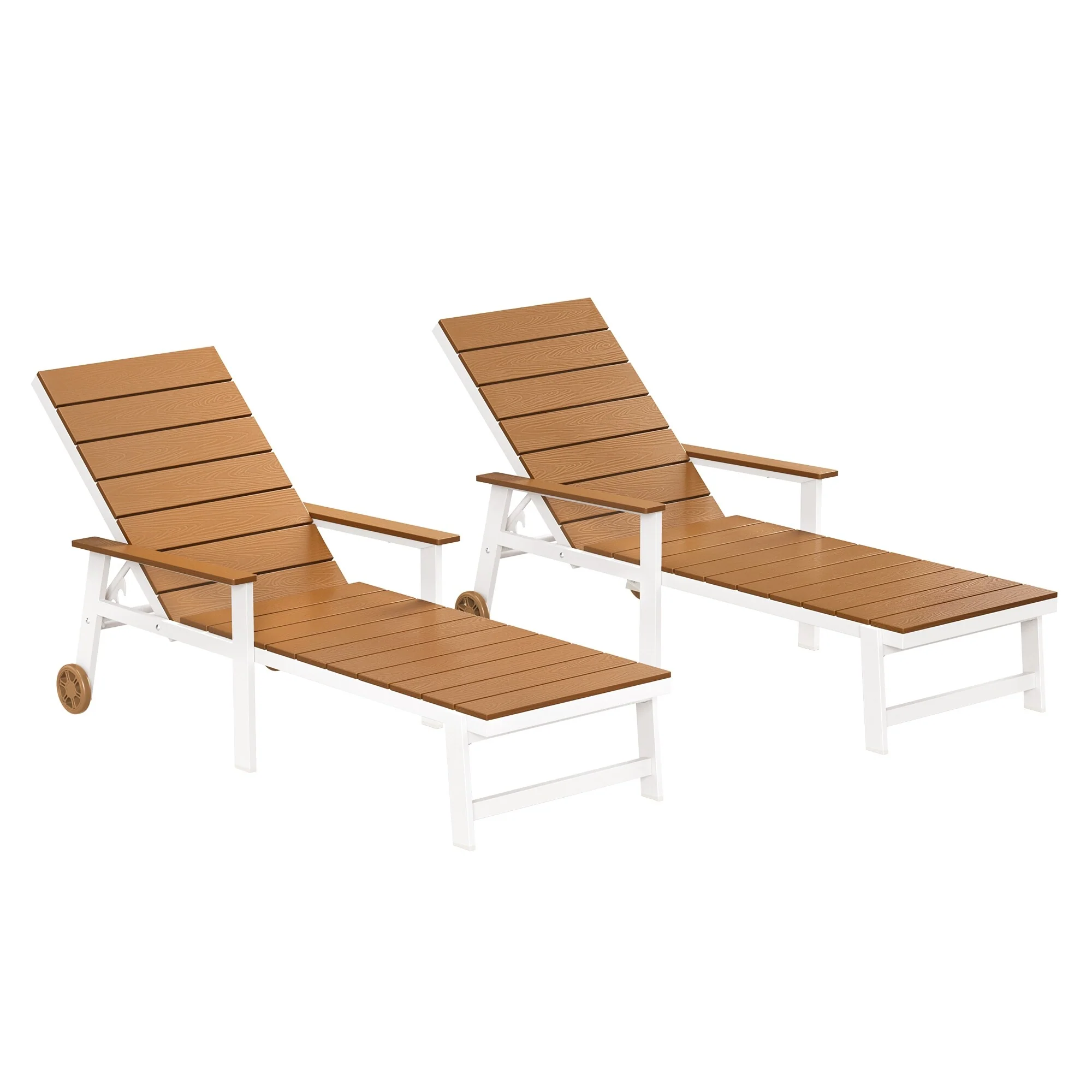 Set of 2 Outdoor Lounge Chair with HDPE Slats, Adjustable Positions & Wheels — All-Weather Aluminum Frame