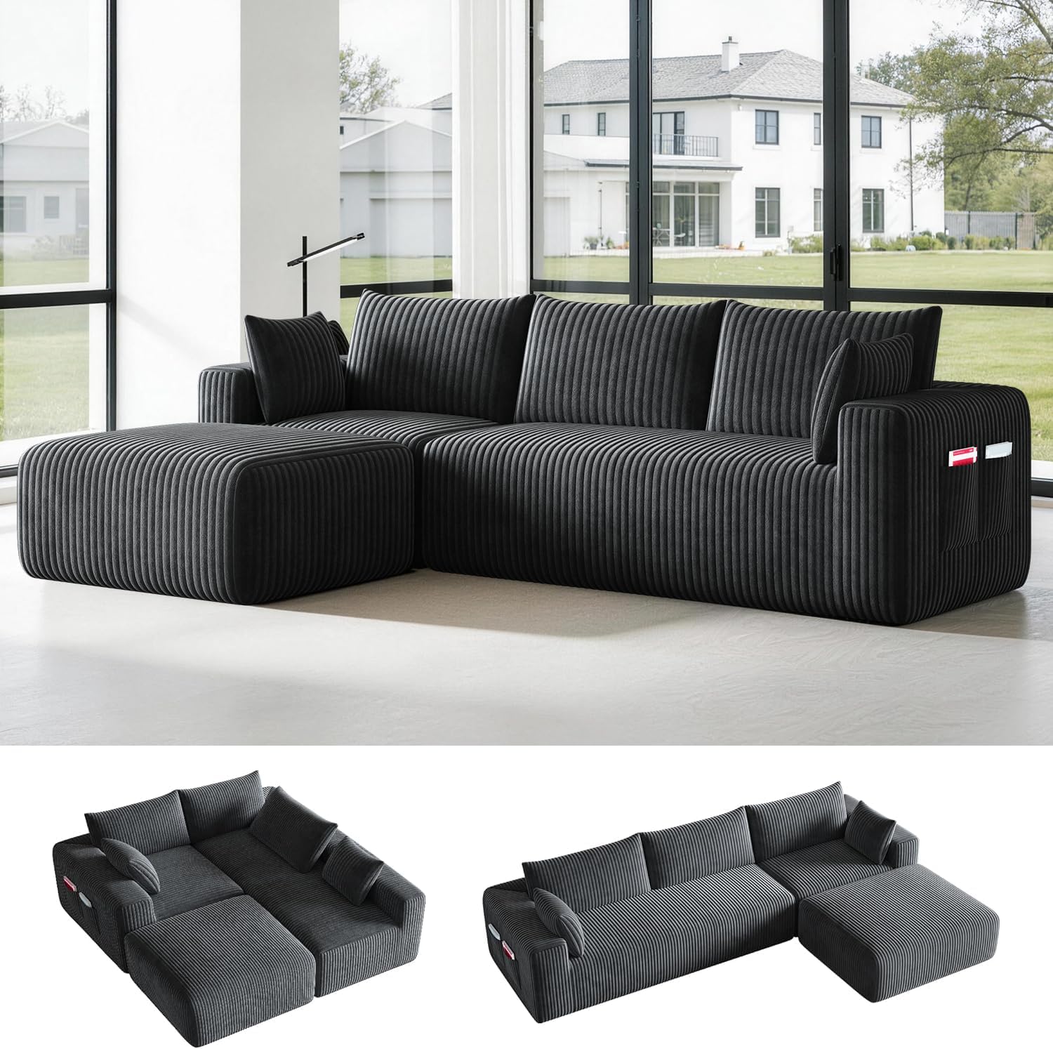 108 Cloud Couch Modular Sectional Sofa for Living Room,L Shaped Boneless Couch with Deep Seat Chaise,No Assembly Required Foam Sleeper Sofa for Apartments,Plush Corduroy Fabric, Dark Grey
