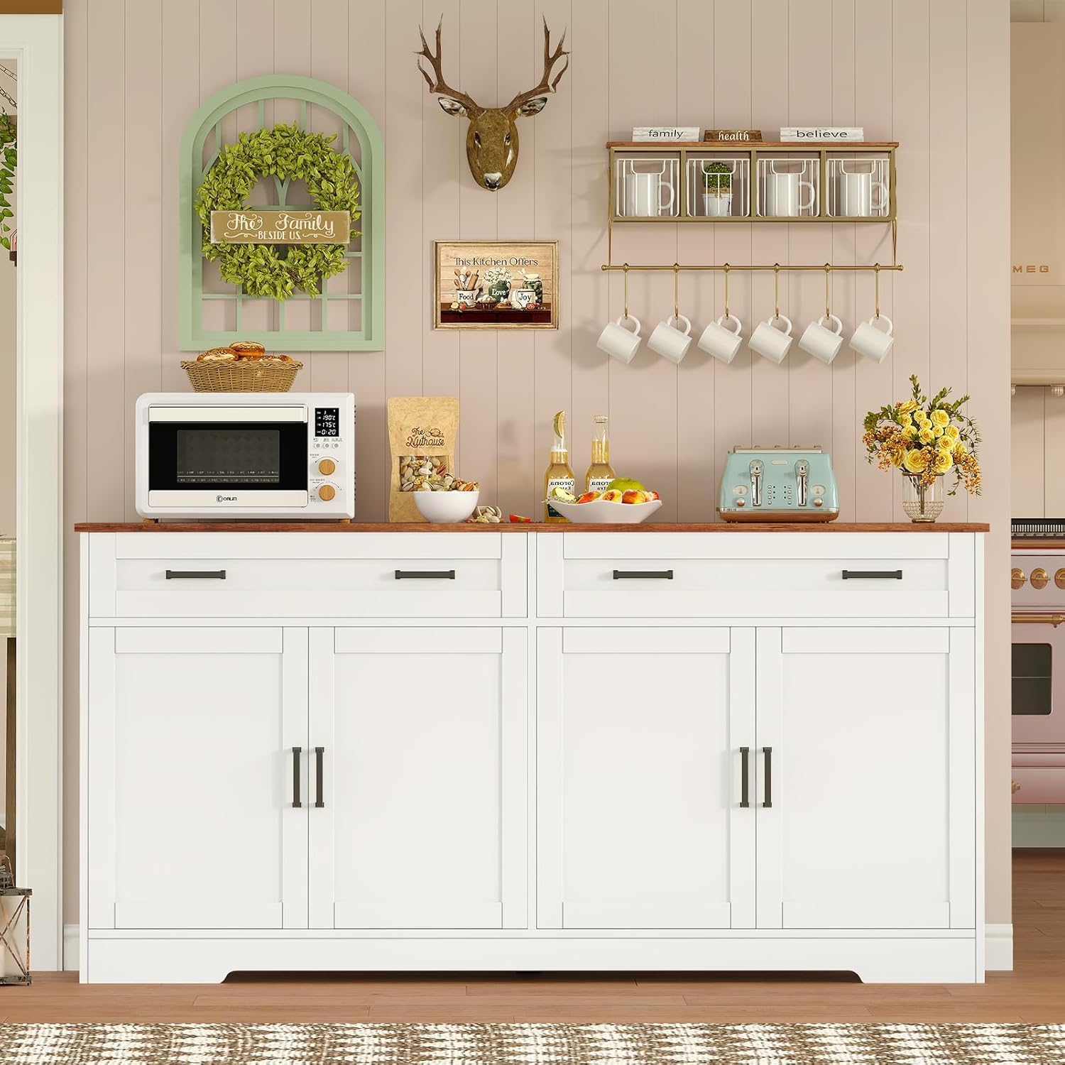 usikey Buffet Cabinet with Storage and Drawers, 55 Large Sideboard Buffet Cabinet with Adjustable Shelves and Doors, Modern Coffee Bar for Kitchen, Living Room, White